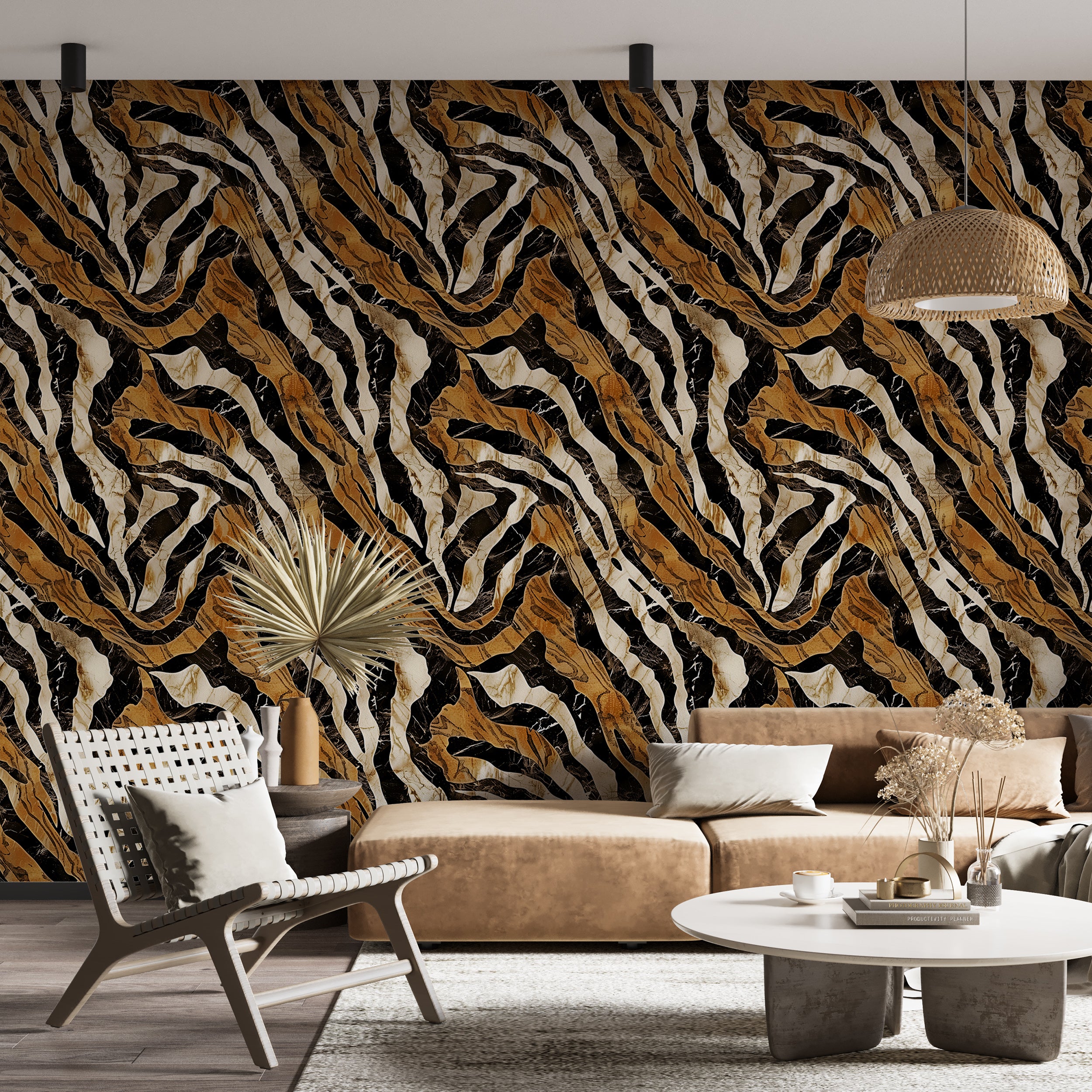 Dynamic tiger print wallpaper for living room