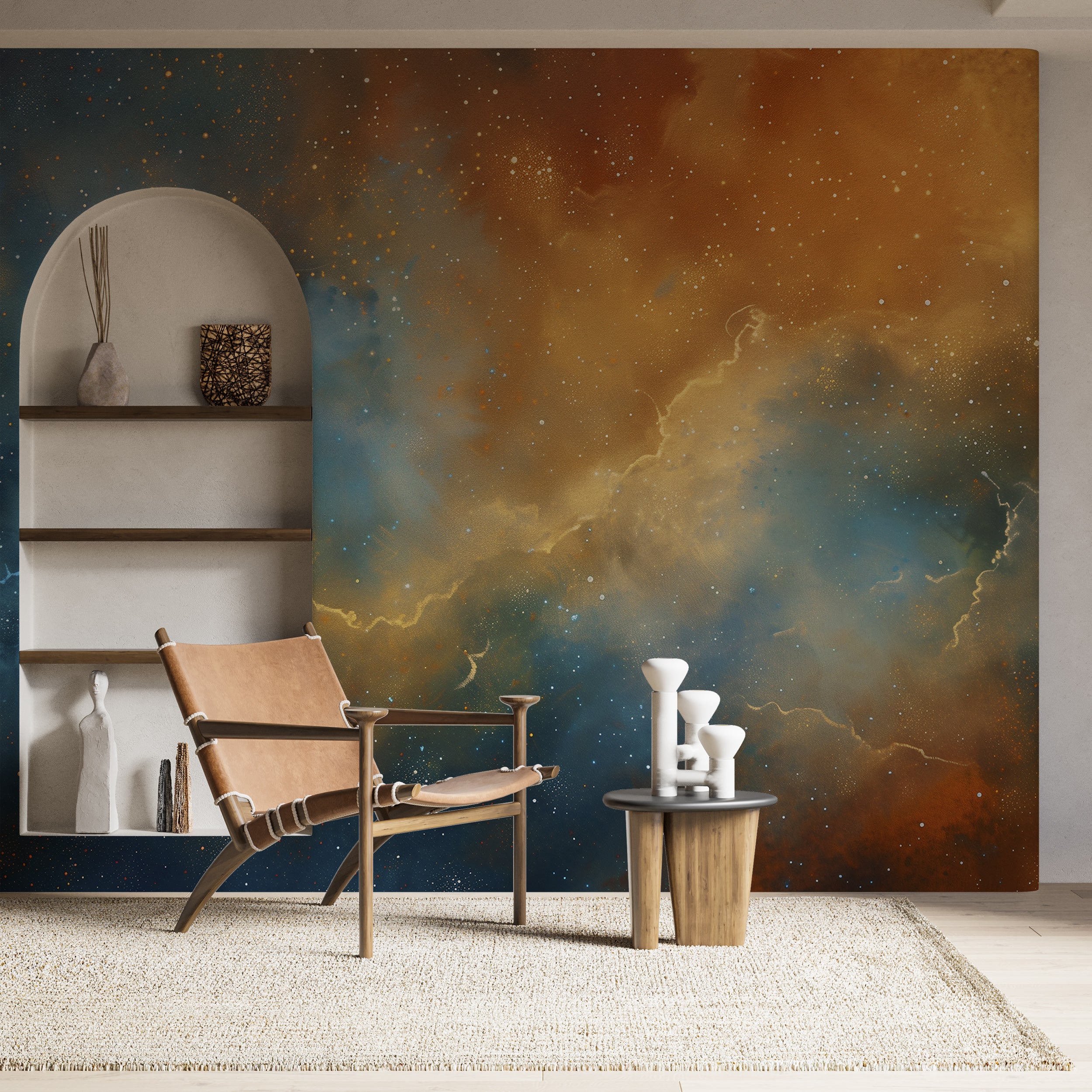 Blue and Orange Space Wall Mural, Colorful Starry Night Wallpaper, Nursery Stars in Abstract Sky Wall Art