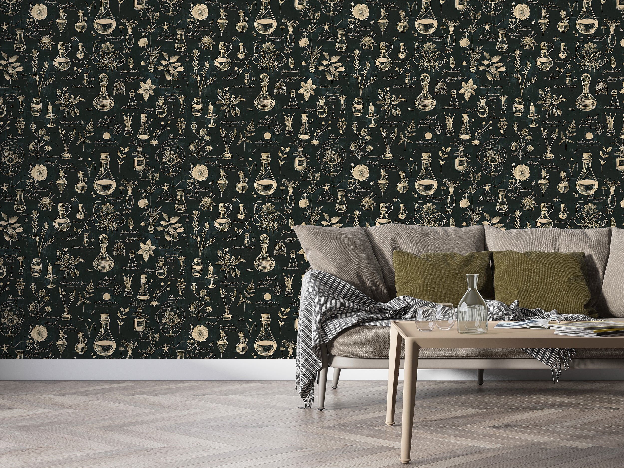 Removable dark green wallpaper with botanical design