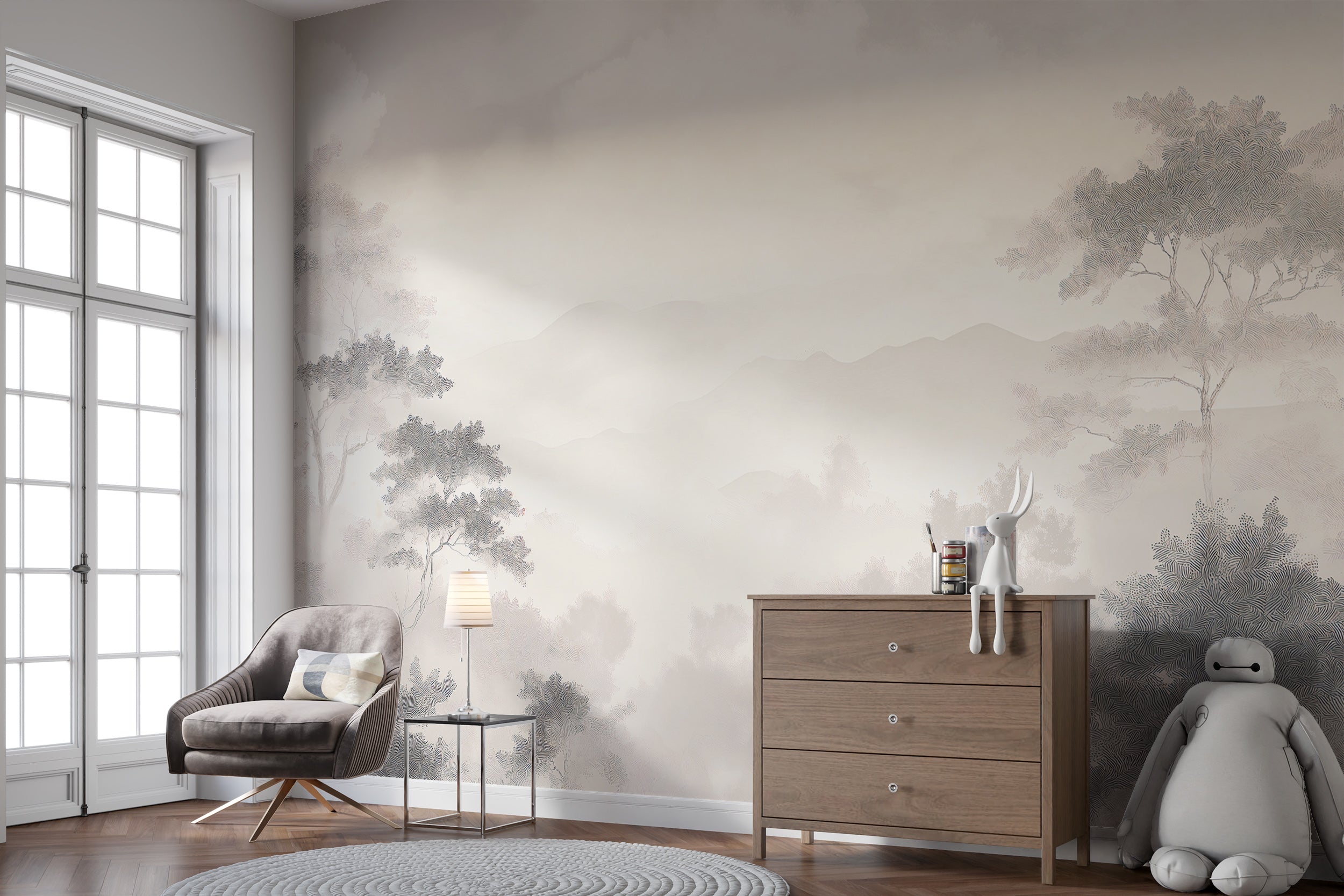 Cream Neutral Forest Mural, Minimalist Monochrome Trees Wallpaper, Muted Washed Out Landscape Peel and Stick Removable Wall Decor