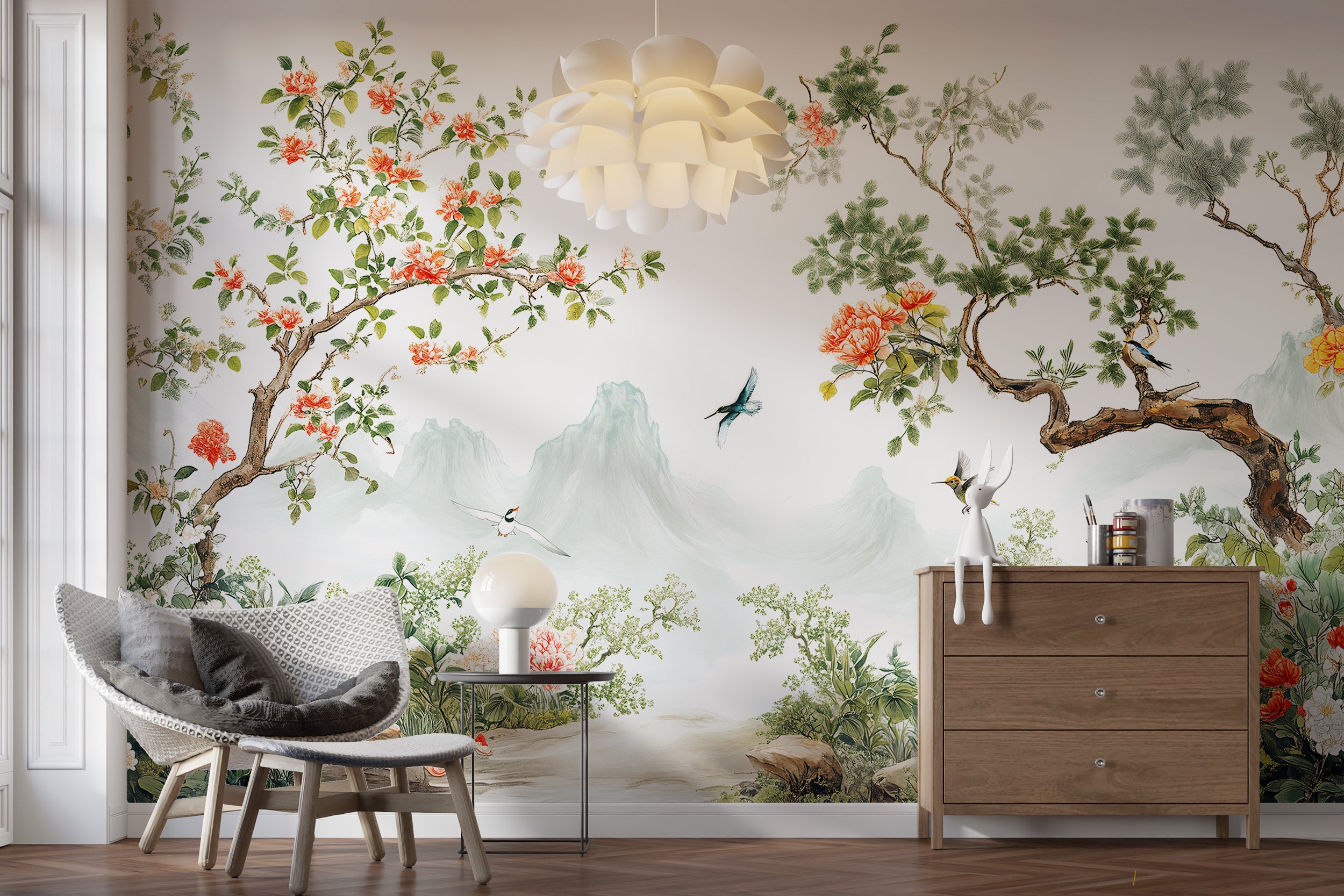 Blossom Trees and Mountains Wall Mural, Colorful Japanese Landscape Wallpaper, Chinoiserie Scenic Art, Peel and Stick Birds and Flowers