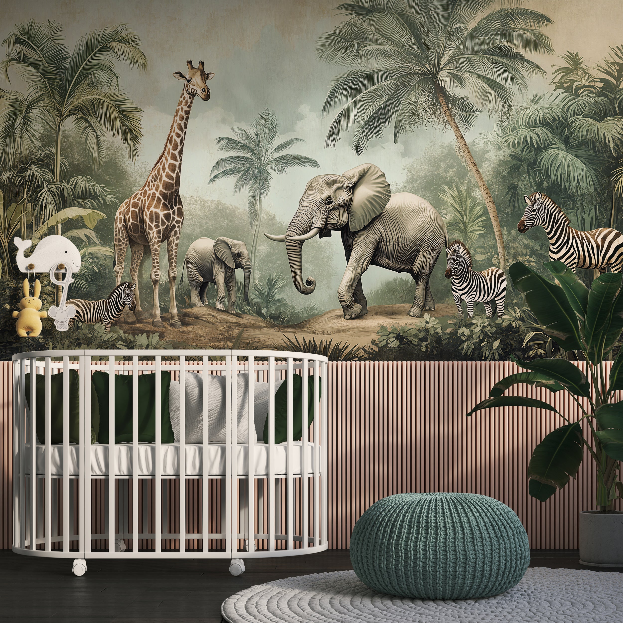 Jungle Animals Nursery Mural, Giraffe Elephant Zebra Tropical Animals Wallpaper, Peel and Stick Safari Kids Wall Decor