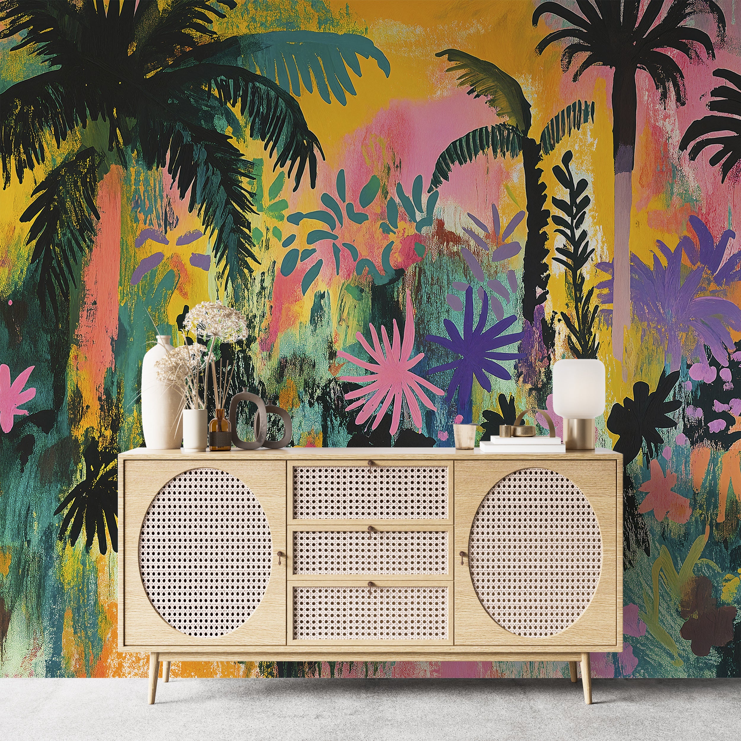 Abstract Jungle Wall Mural for nursery decor Colorful tropical peel and stick wallpaper