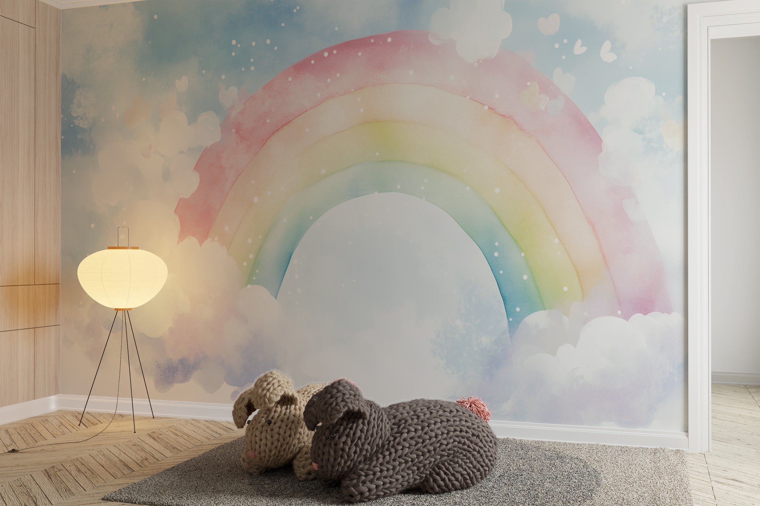 Muted rainbow and clouds mural for children's rooms