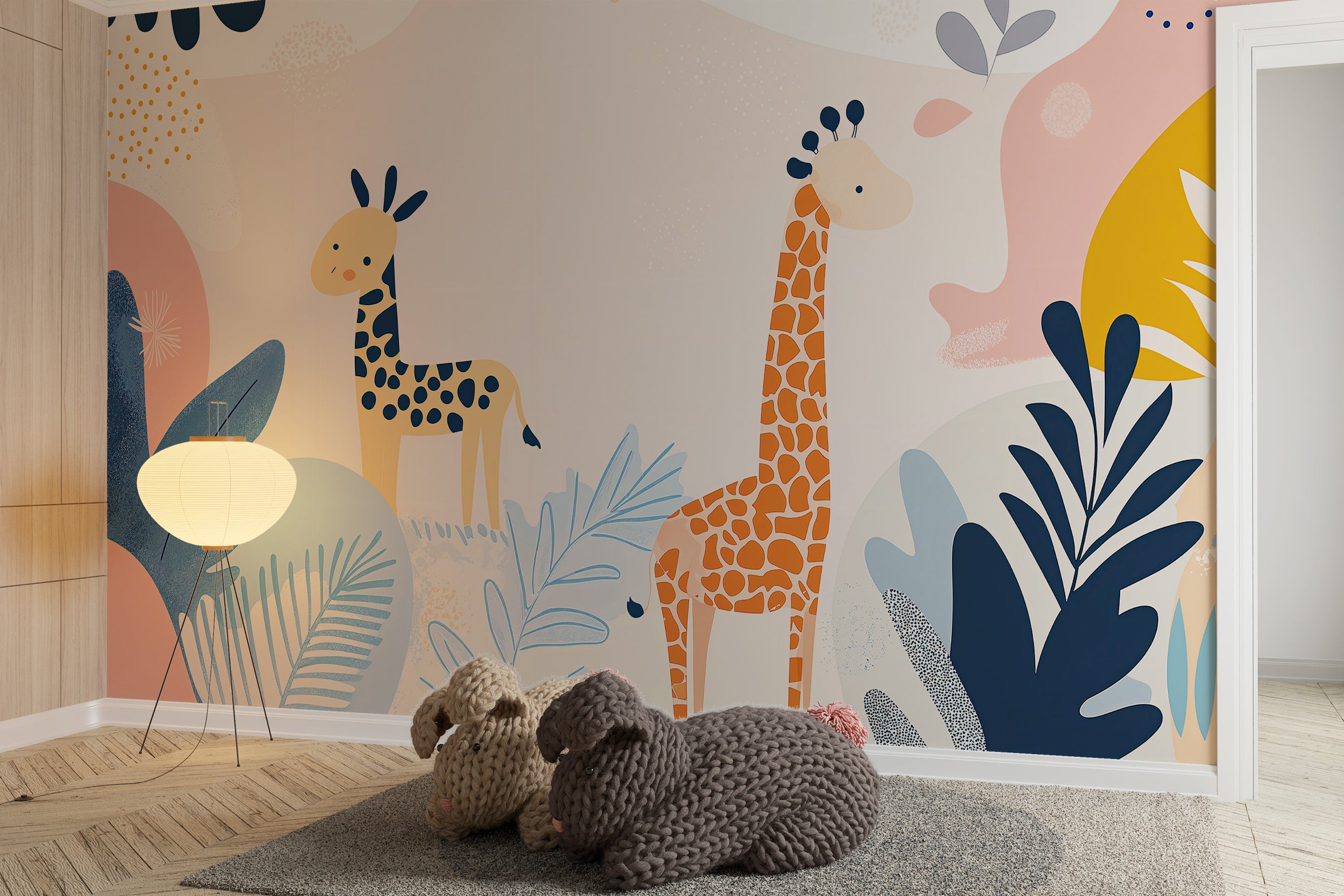 Removable animal wall art for children’s room Pastel-colored giraffes peel and stick mural