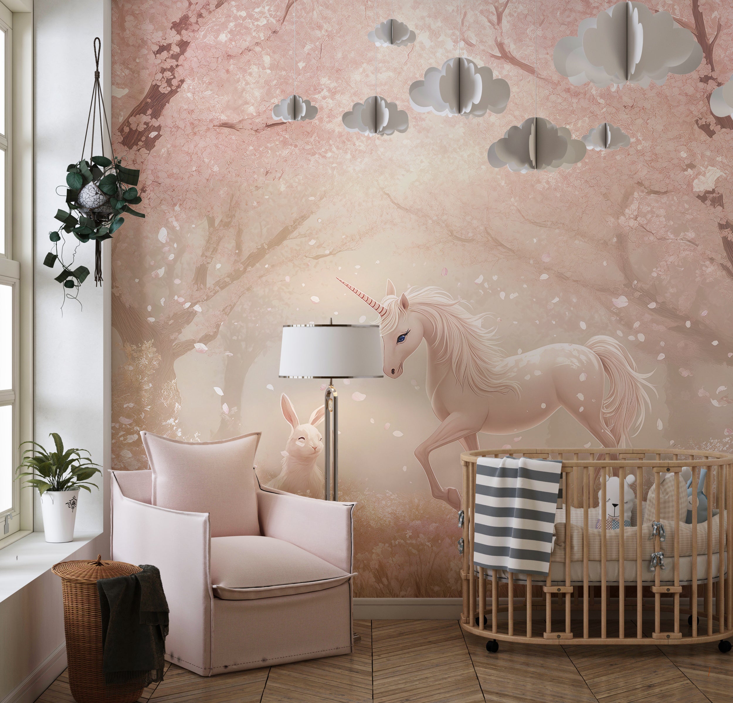 Removable unicorn and rabbit nursery mural Fairytale animals and cherry blossom wallpaper