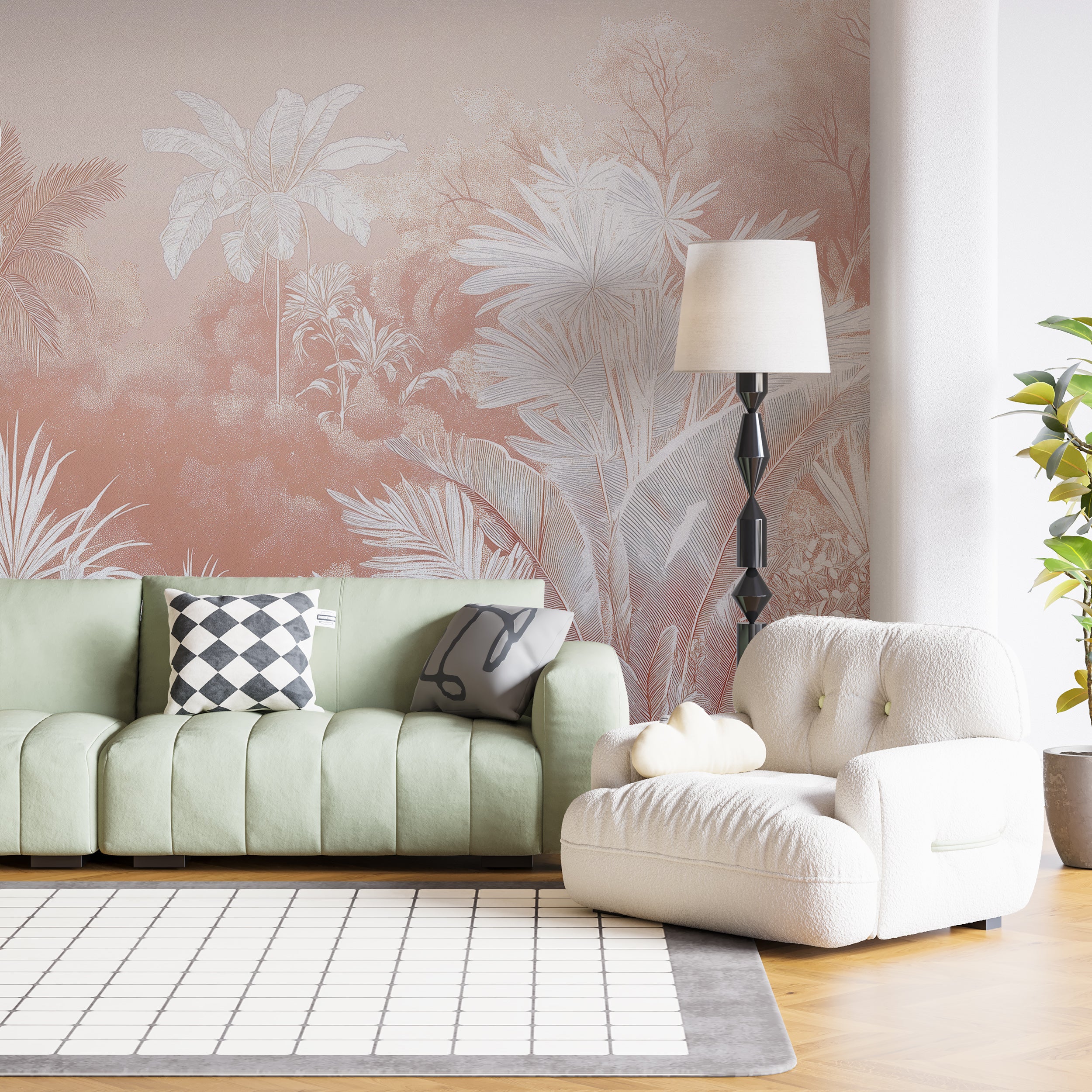 Modern pink and white jungle plants wall art Coastal-themed peel and stick tropical wallpaper