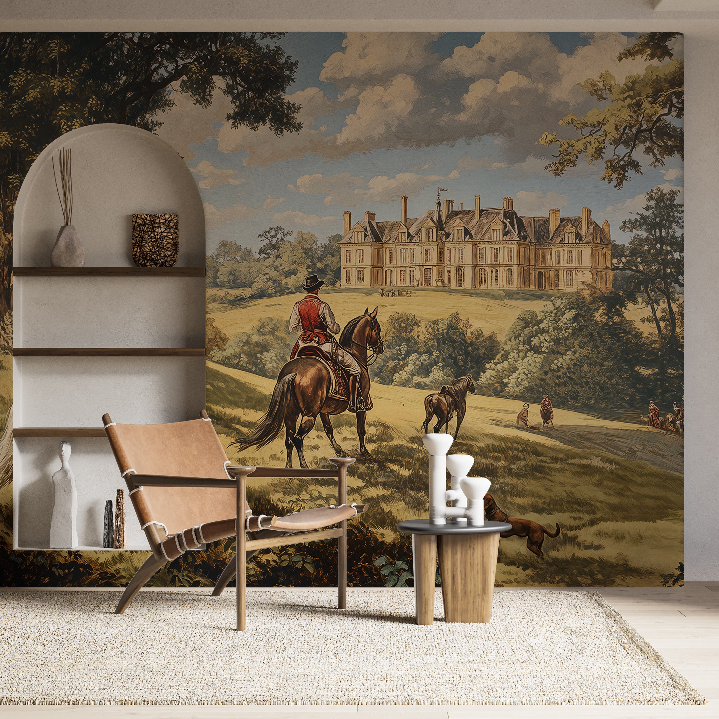 Vintage scenic landscape mural with horses and castle Old-style wallpaper featuring horses and castle