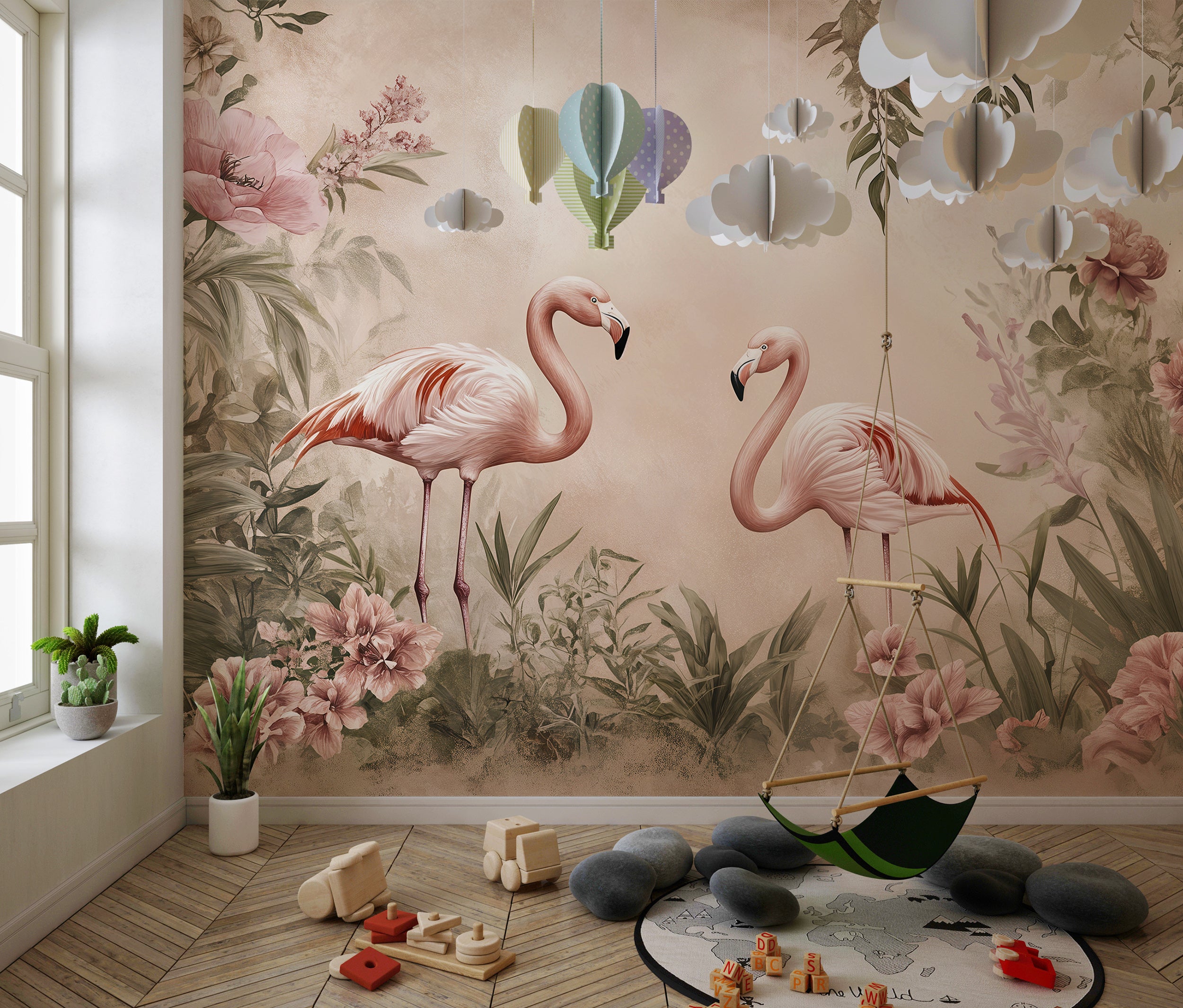 Large soft pink flamingo wallpaper for tropical decor Peel and stick botanical coastal wallpaper with flamingos