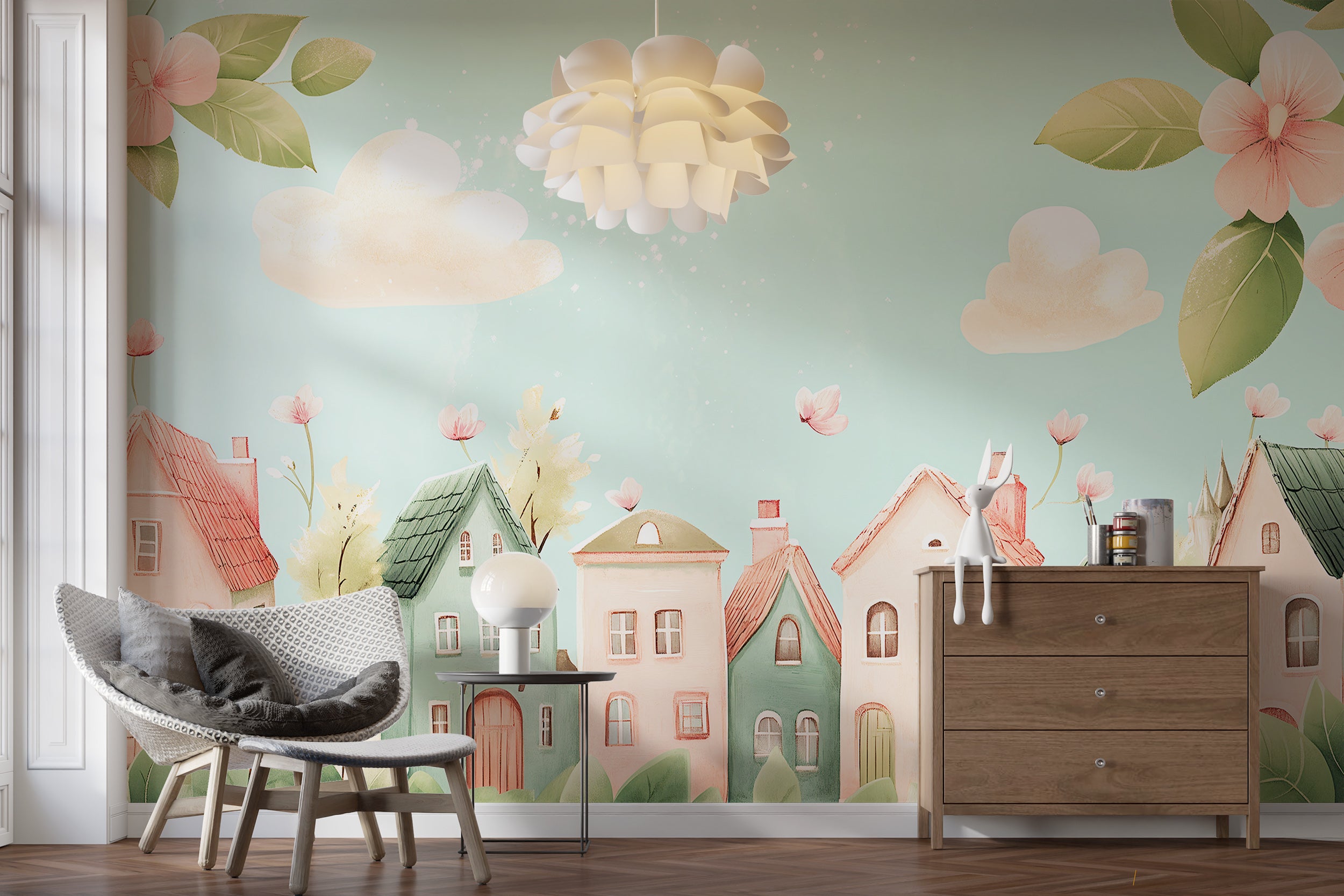 Colorful peel and stick wall art for children's bedrooms Easy-to-apply houses and flowers nursery wallpaper