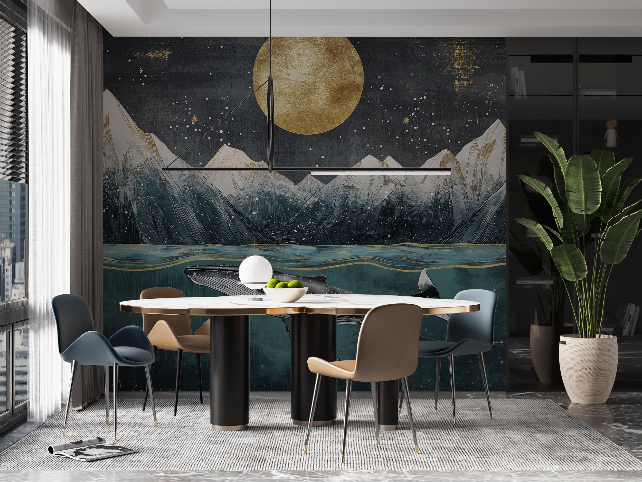 Contemporary whale and mountain themed wall art