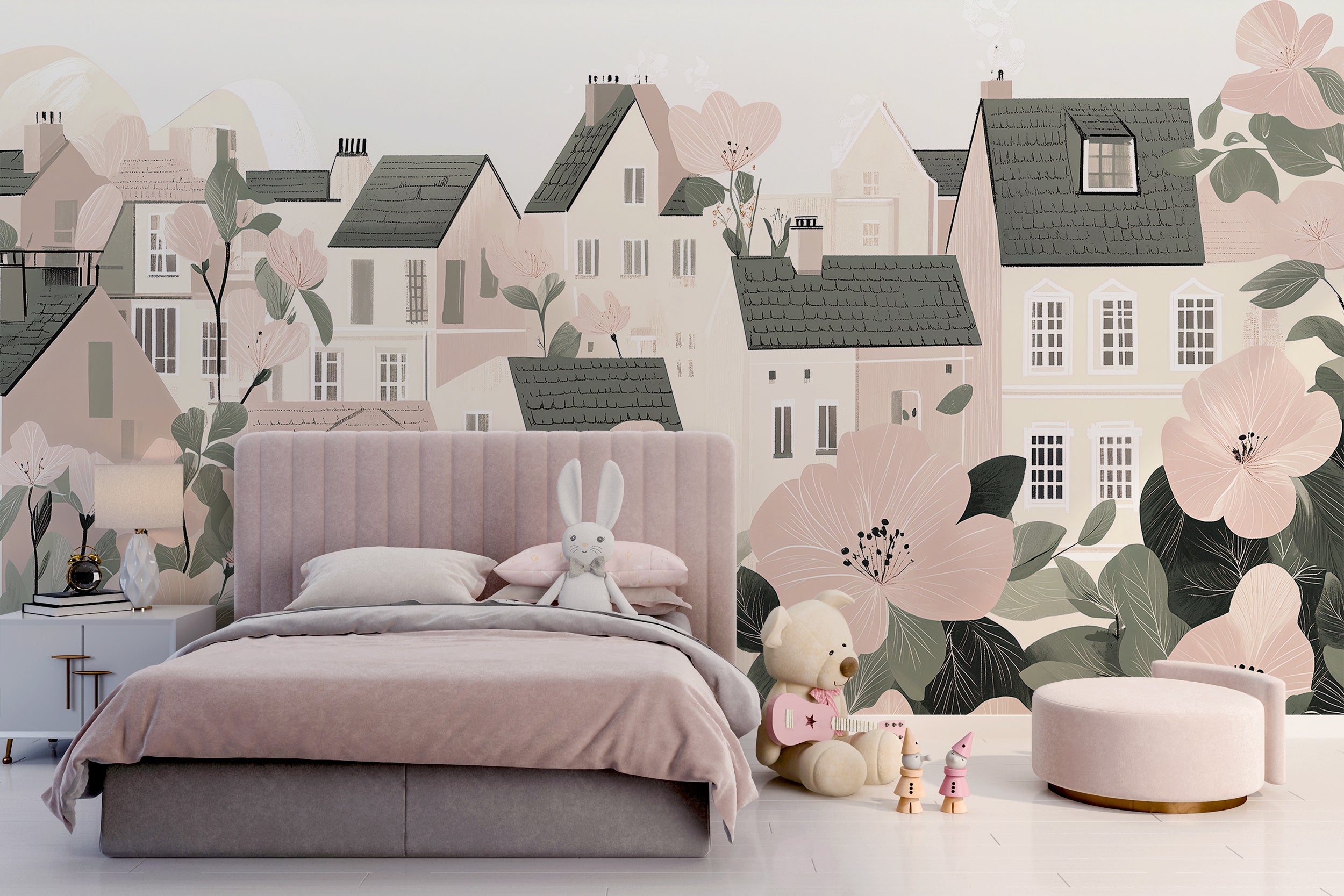 Soft pink and beige nursery mural with houses Town in flowers wallpaper for kids' room