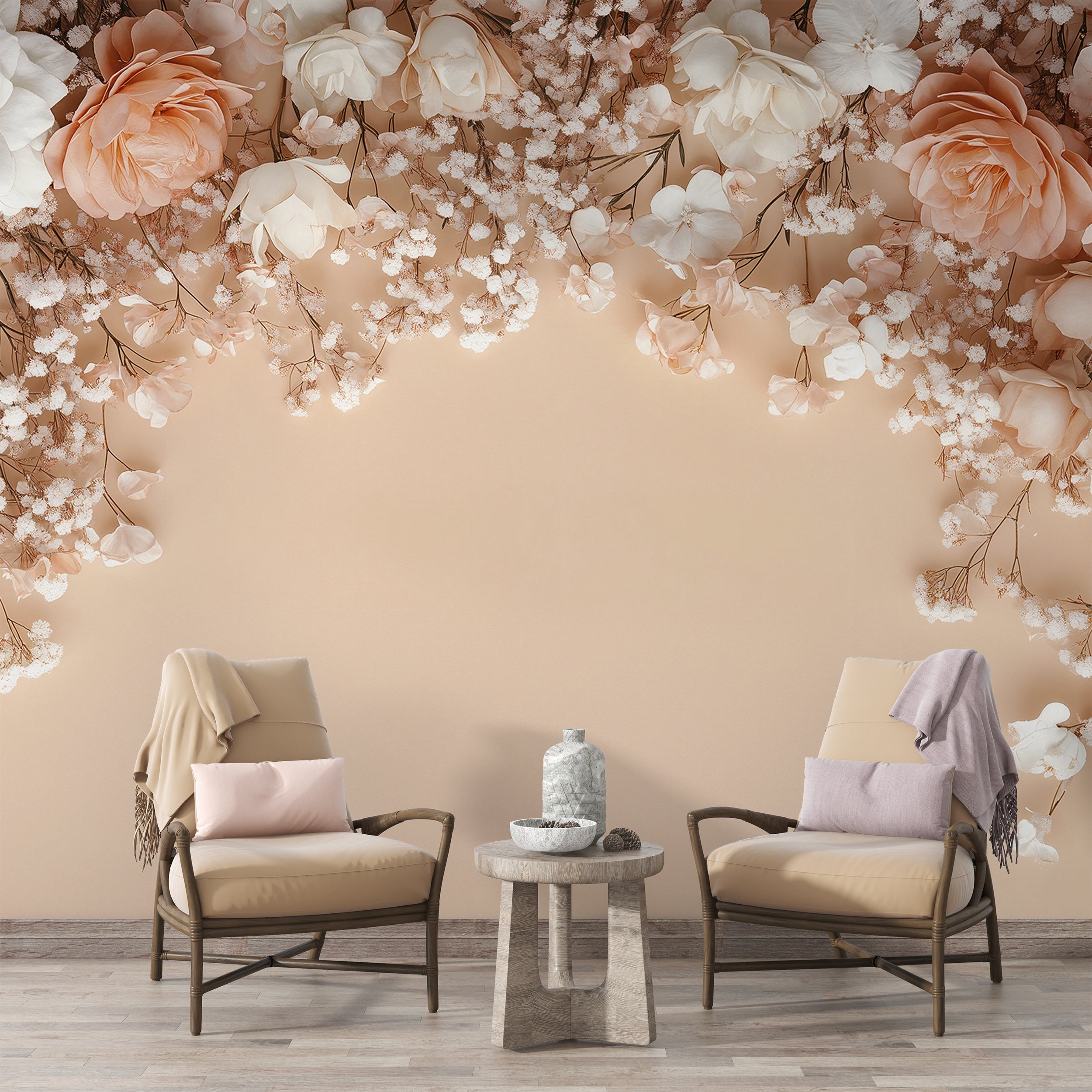 Peel and stick roses and meadow flowers wall art Soft peach color floral mural for bedroom walls