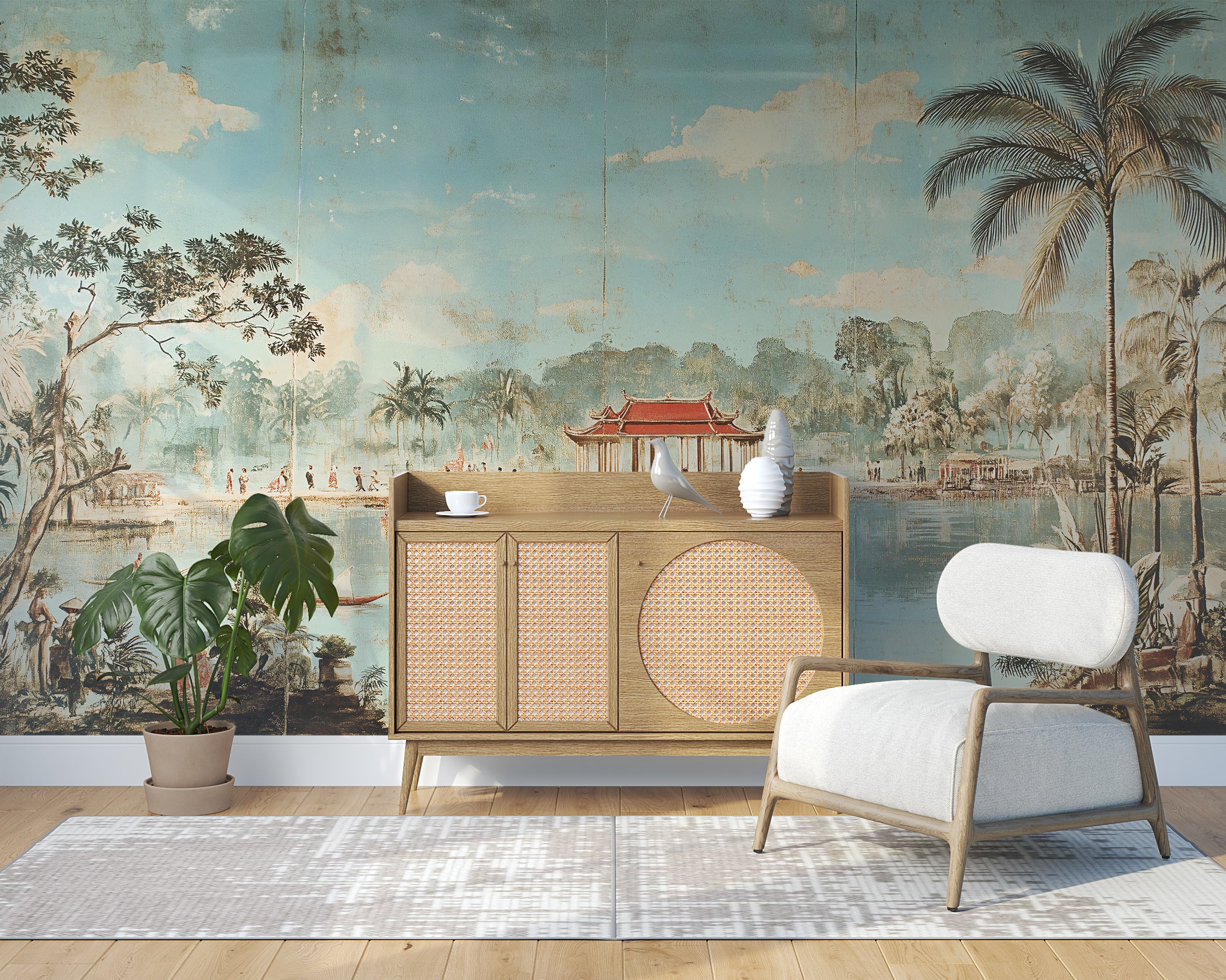 Vintage Jungle River Mural, Old Style Muted Tropical Scenic Wallpaper, Peel and Stick Village in the Forest Art