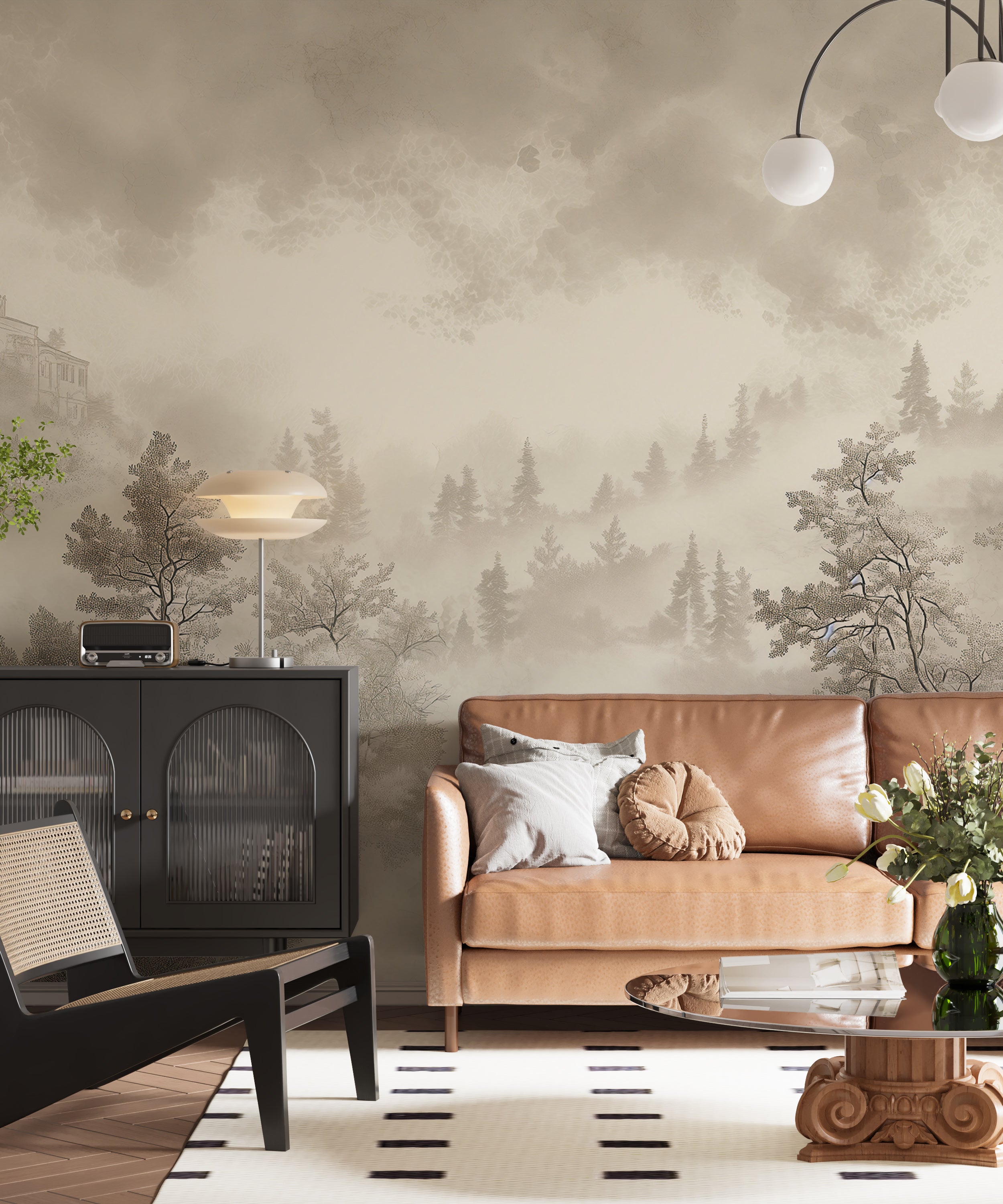 Beige Monochrome Forest Mural, Minimalist Pine Forest Art, Peel and Stick Beige Sepia Foggy Landscape Wallpaper