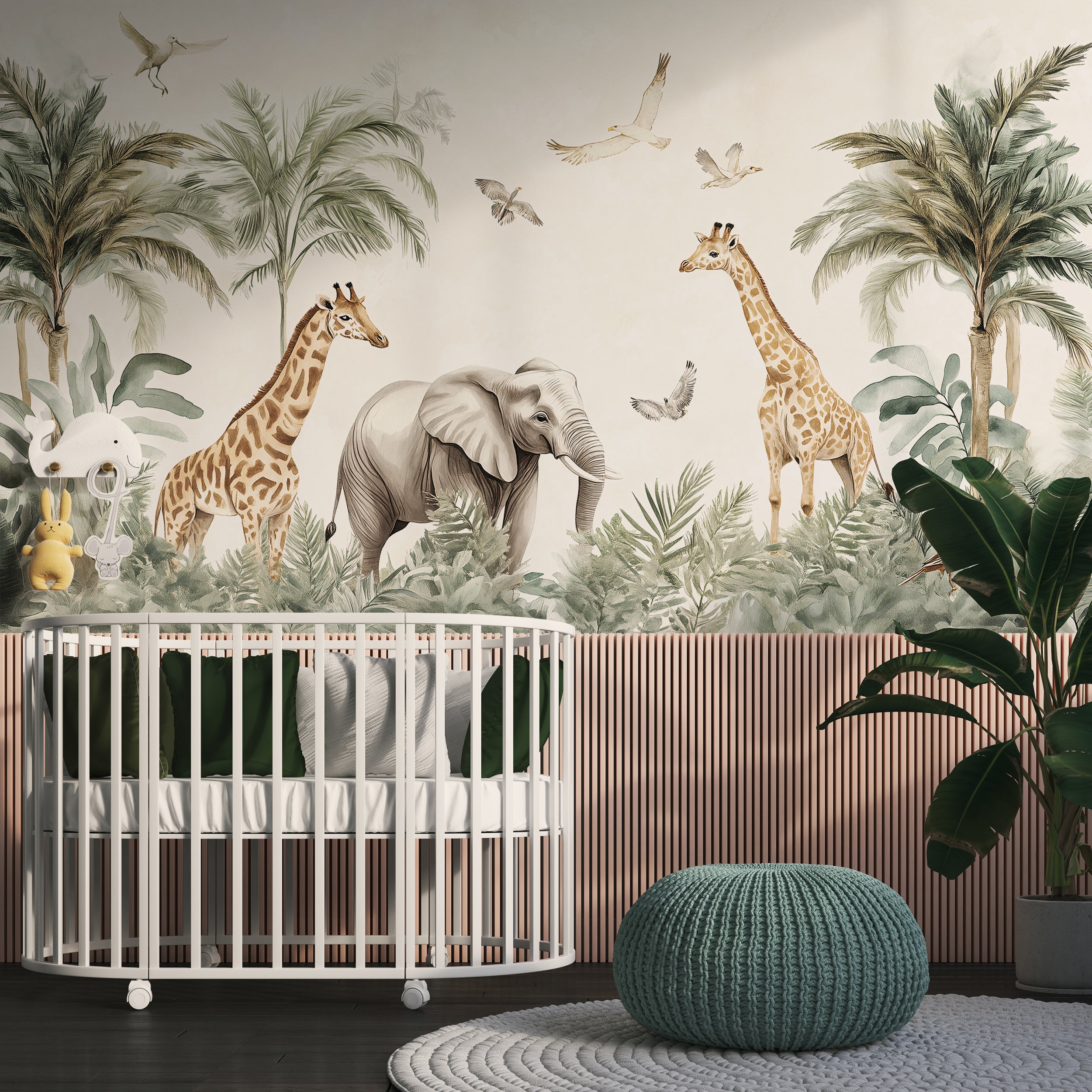 Animals in the Jungle Mural, Tropical Forest Wild Life Nursery Wallpaper, Watercolor Peel and Stick Elephant and Giraffes Mural