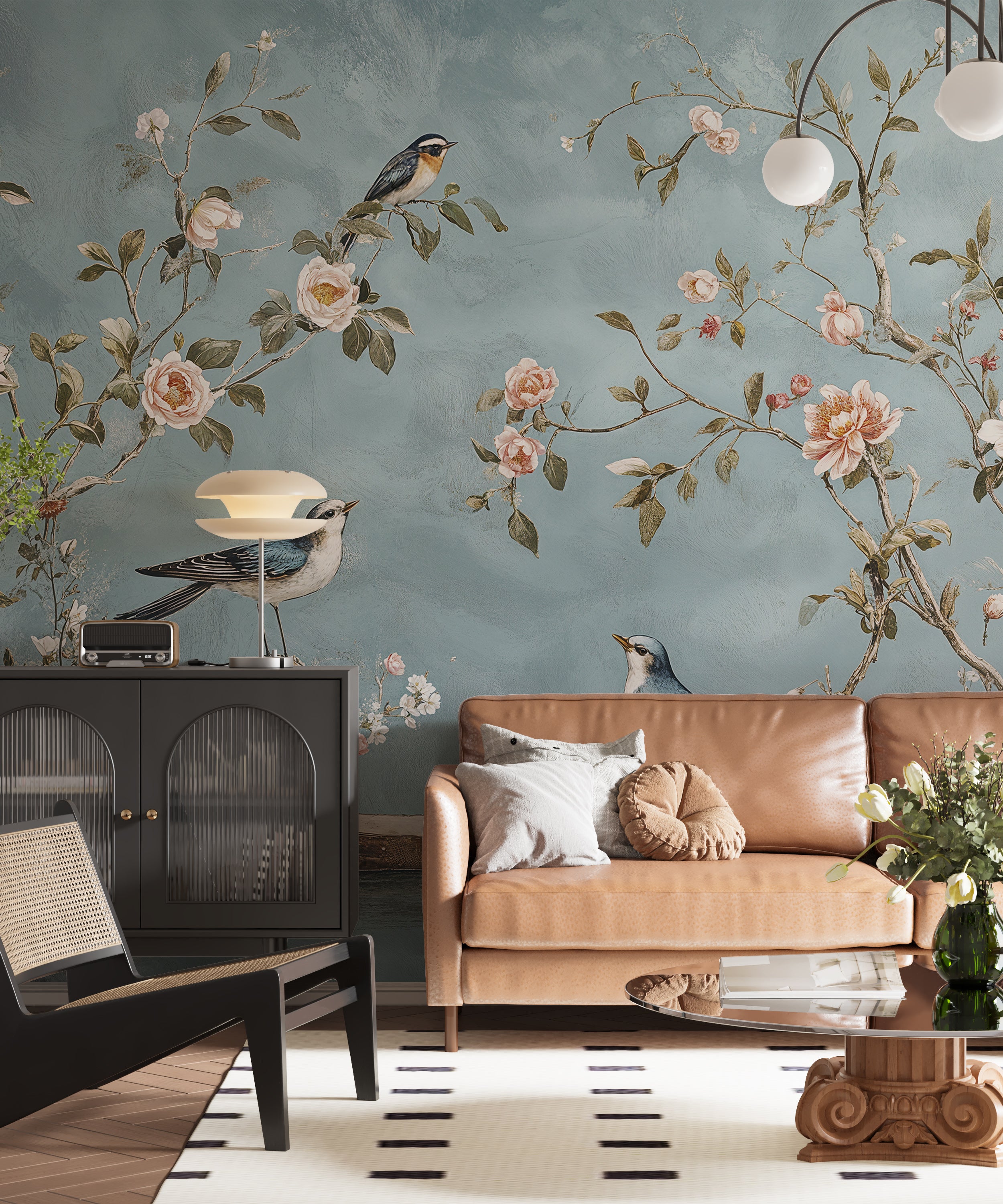 Removable Chinoiserie mural for bedroom decor
Classic Japanese-inspired floral wallpaper in blue