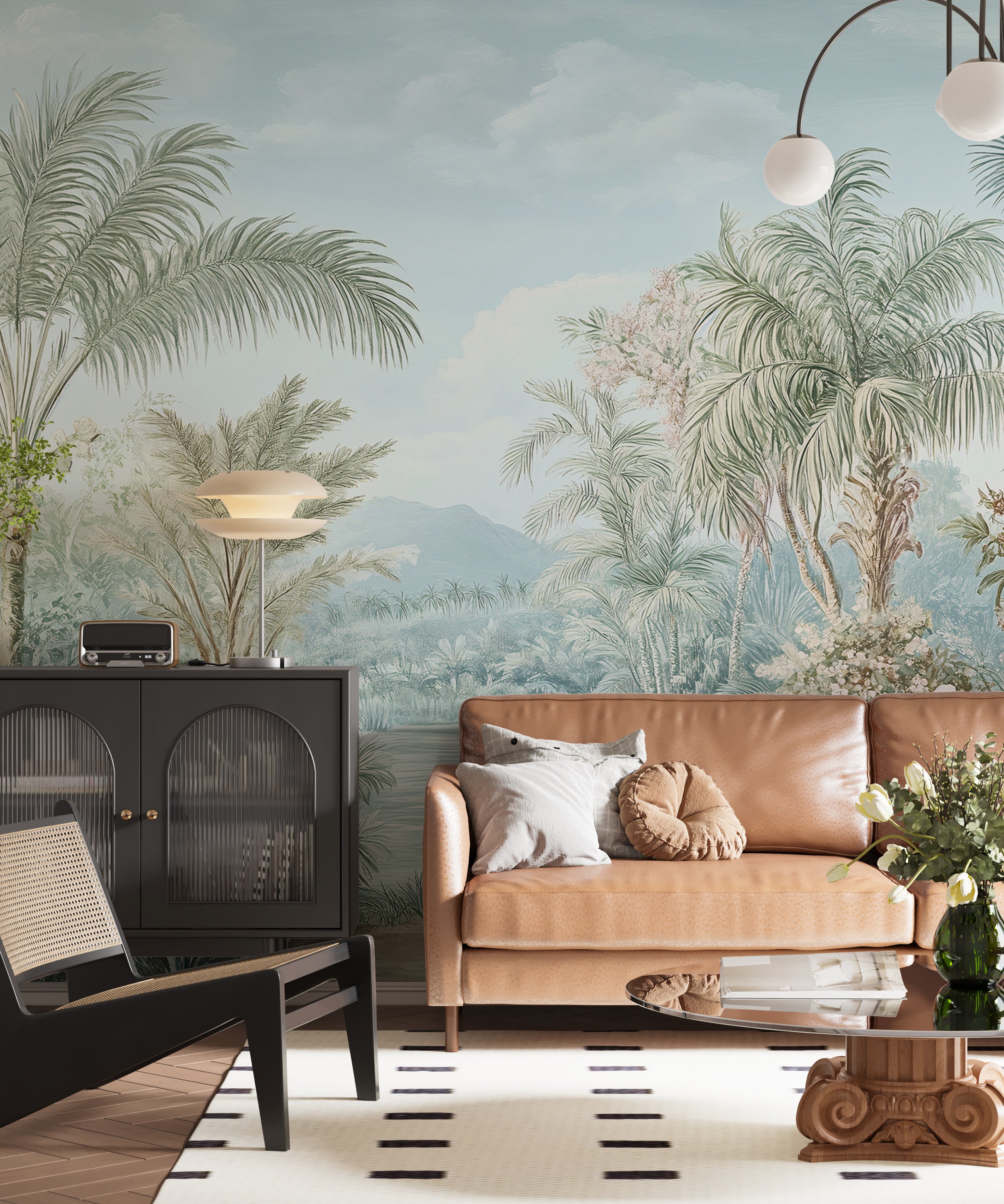 Soft Jungle Forest Mural, Watercolor Tropical Landscape Wallpaper, Palm Trees and Plants Botanical Peel and Stick Wall Decor