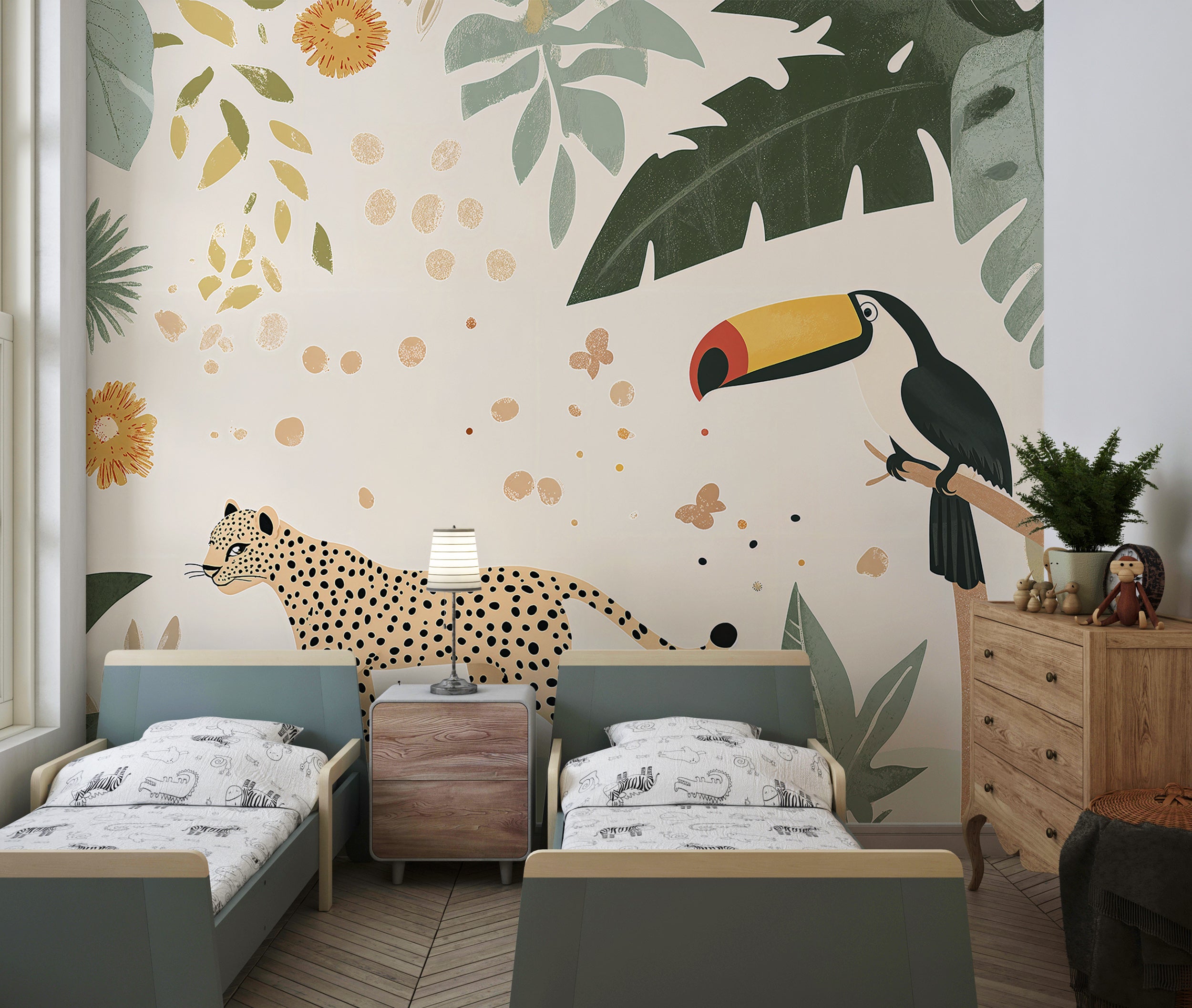 Cheetah and Toucan Nursery Mural, Cartoon Style Jungle Animals Wallpaper, Peel and Stick Tropical Kids Room Wall Art