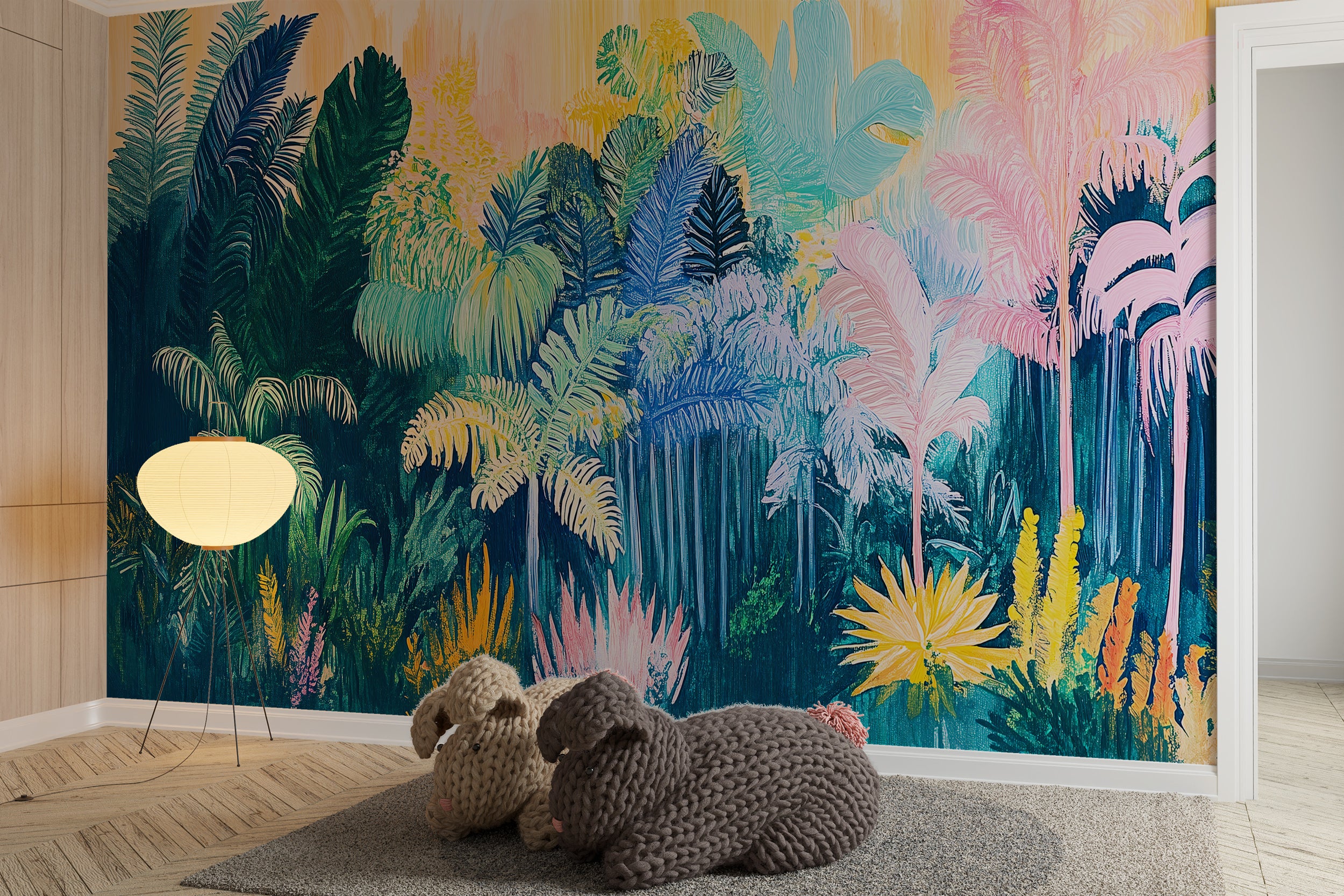 Watercolor Abstract Jungle Mural, Colorful Forest Wallpaper, Peel and Stick Nursery Removable Wall Decor