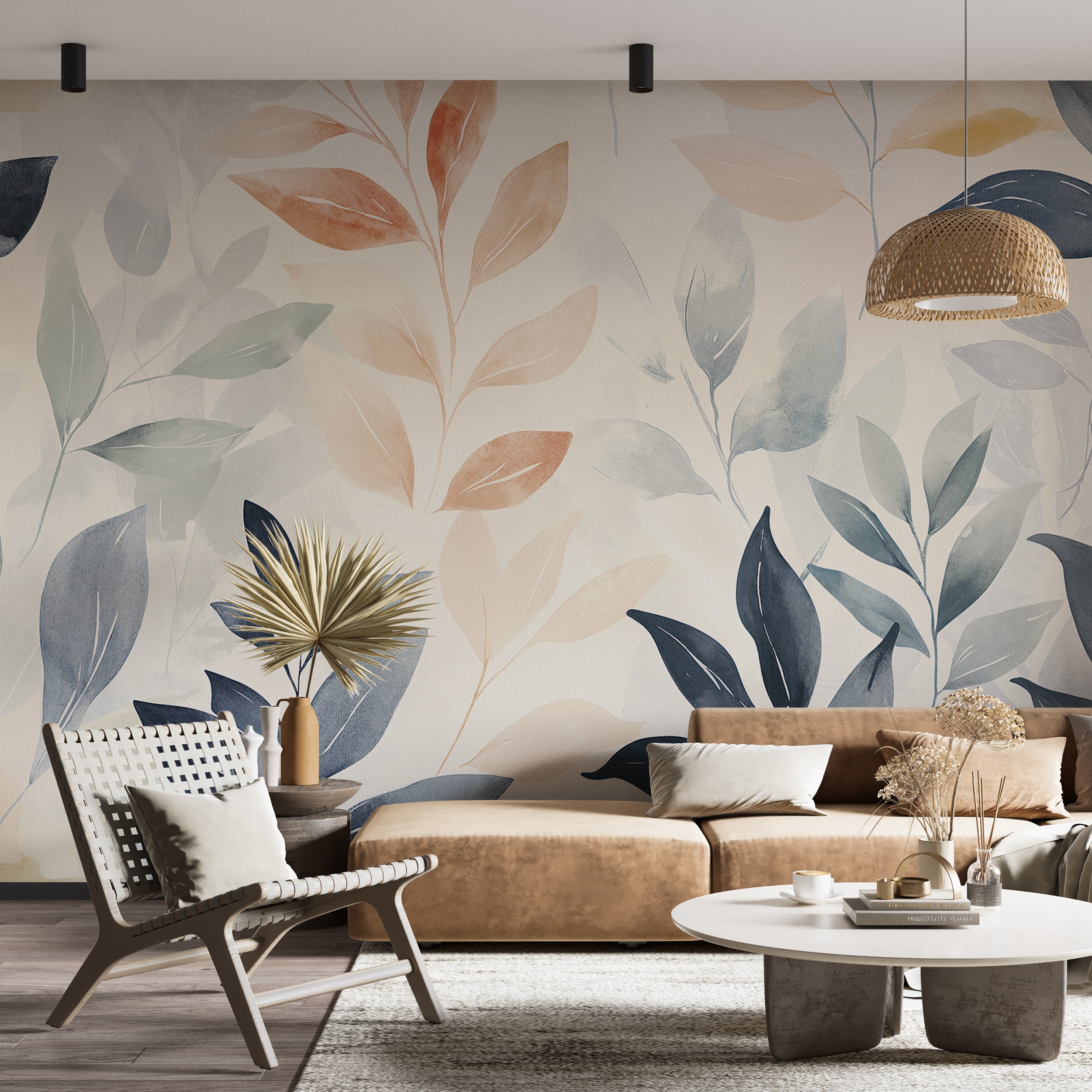 Large scale pastel leaves mural for home decor
Minimalist botanical wallpaper with pastel colors