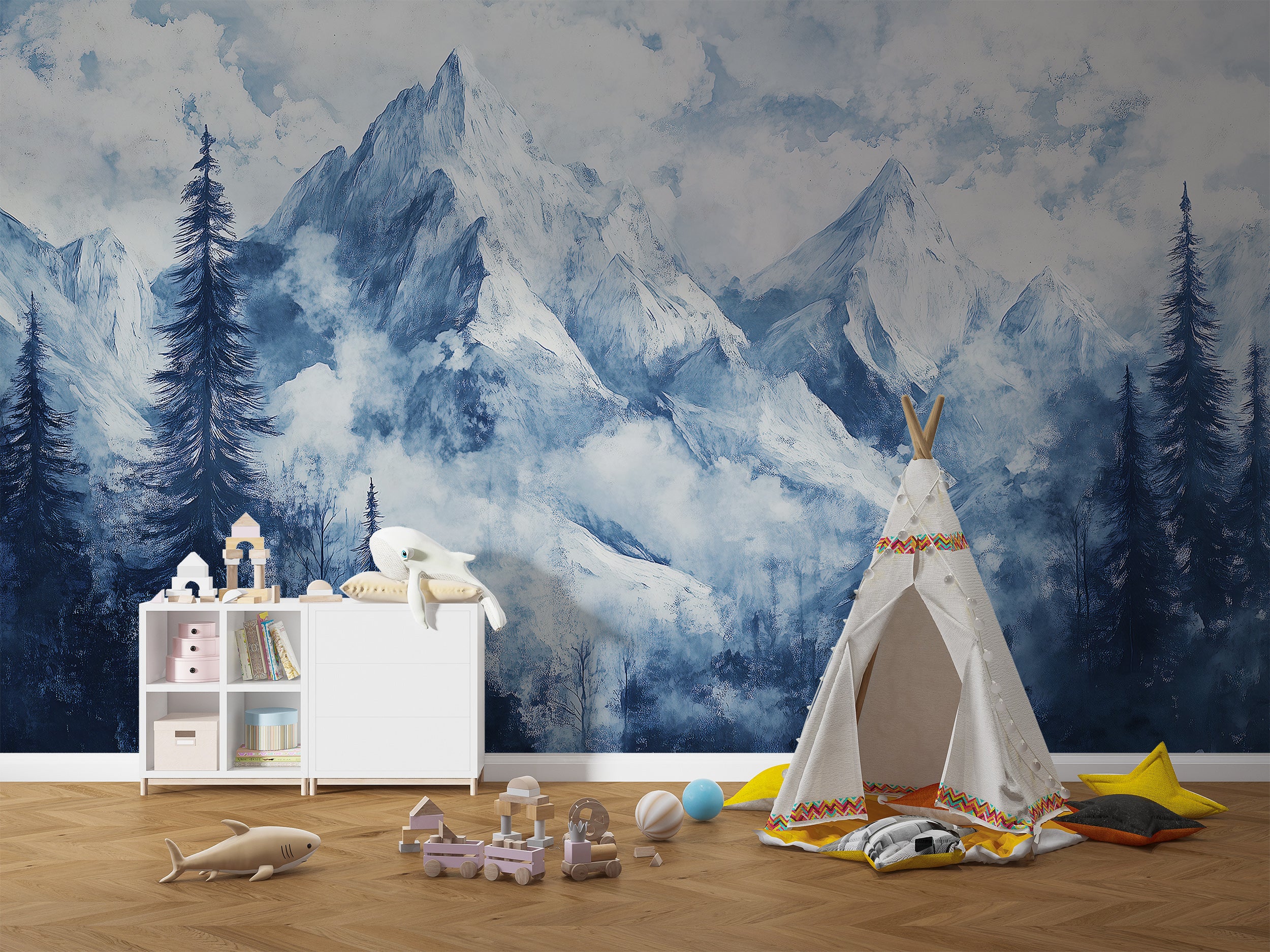 Snowy mountains mural with blue watercolor design
Peel and stick mountain wallpaper for accent walls