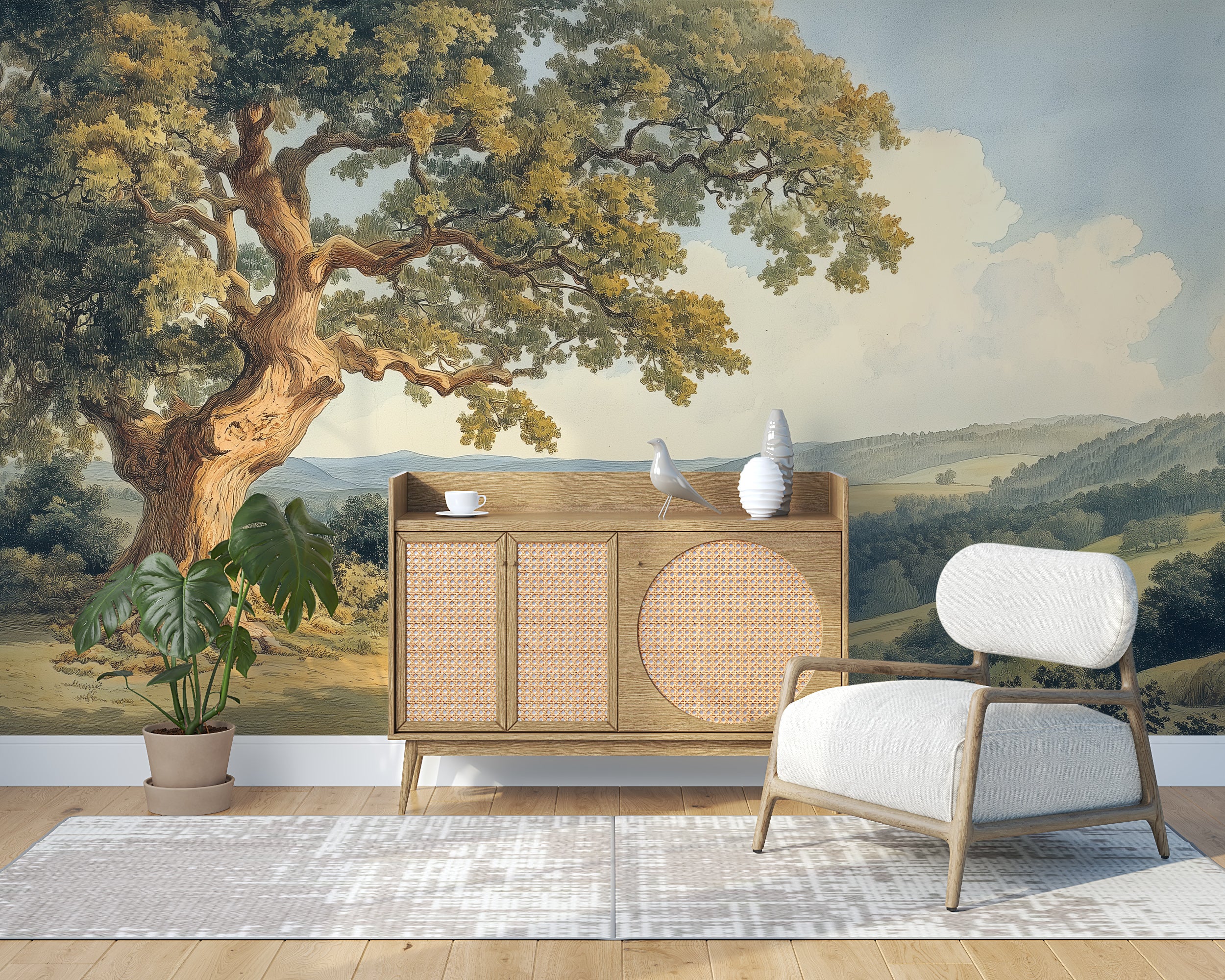 Vintage Scenic Landscape Mural, Large Tree and Field Classic Wallpaper, Removable Peel and Stick Summer Wild Nature Art