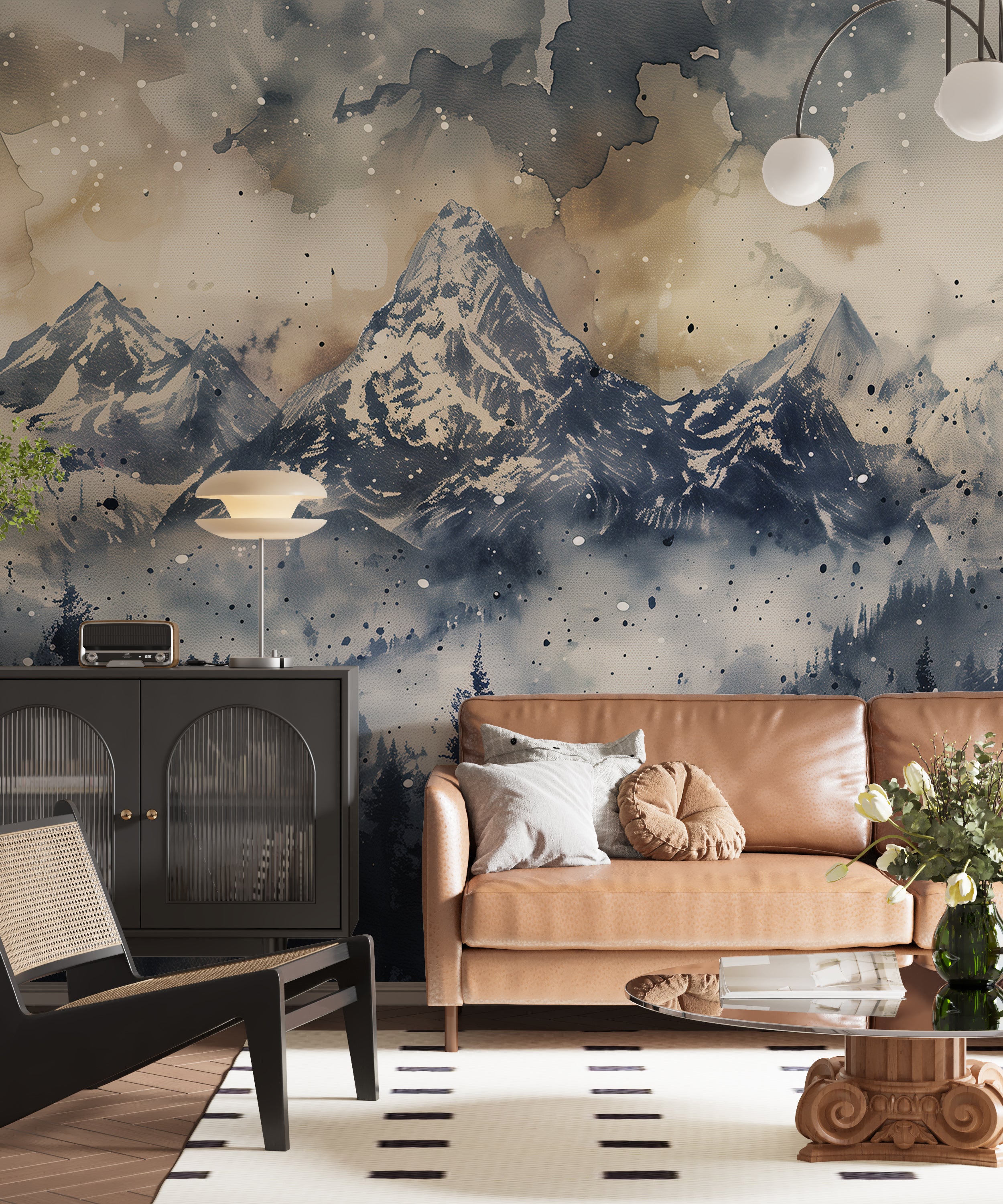 Earth Tones Mountains View Mural, Grey and Beige Waretcolor Landscape Wallpaper, Peel and Stick Accent Wall Art