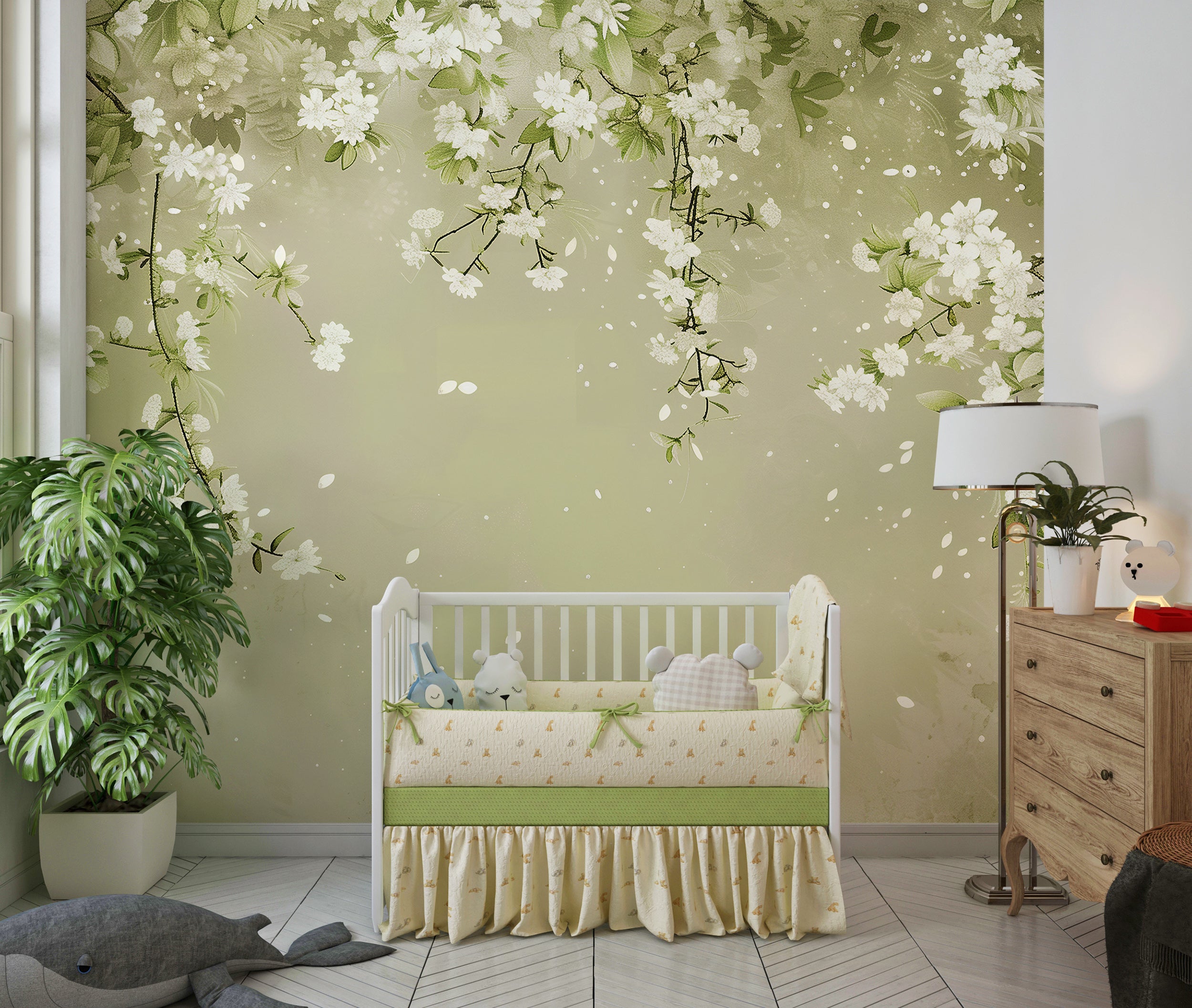 White Cherry Blossom Willow Branches Mural, Green and White Botanical Wallpaper, Peel and Stick Hanging Flowers Decor