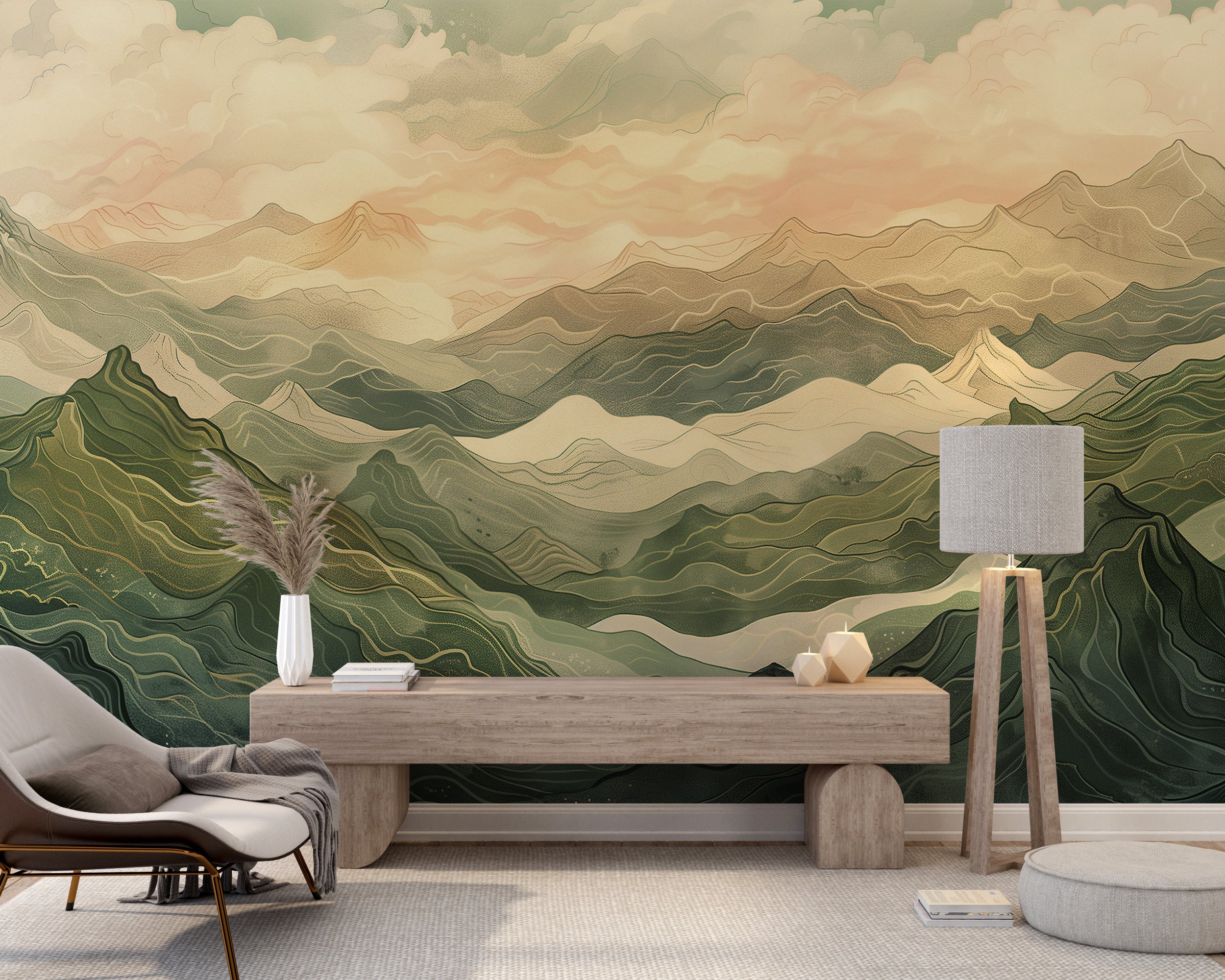 Green and Beige Mountains Mural, Abstract Dunes Wallpaper, Colorful Landscape Peel and Stick Wall Decor