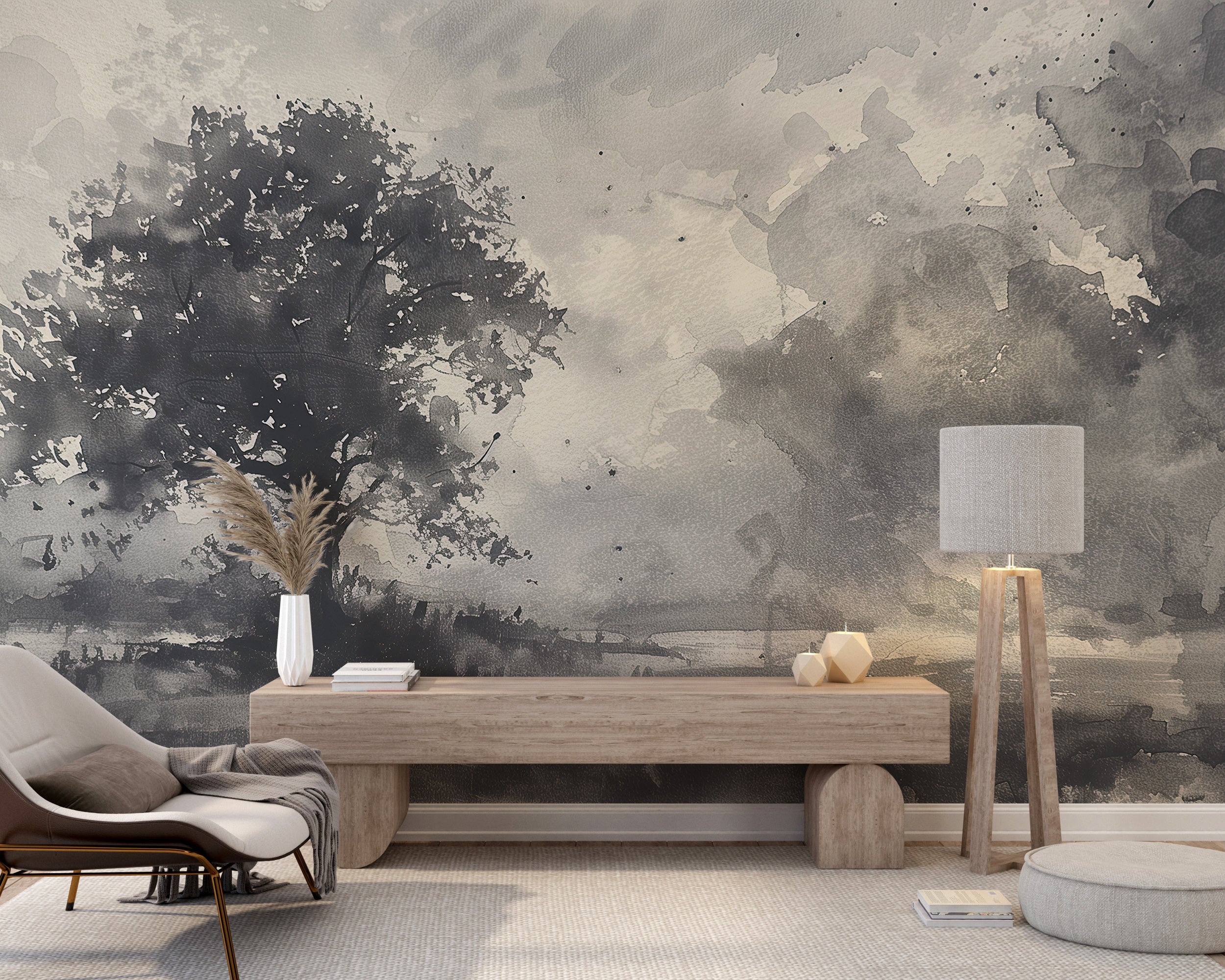 Grey monochrome tree mural for elegant wall decor
Watercolor dark field landscape wallpaper for vintage interiors