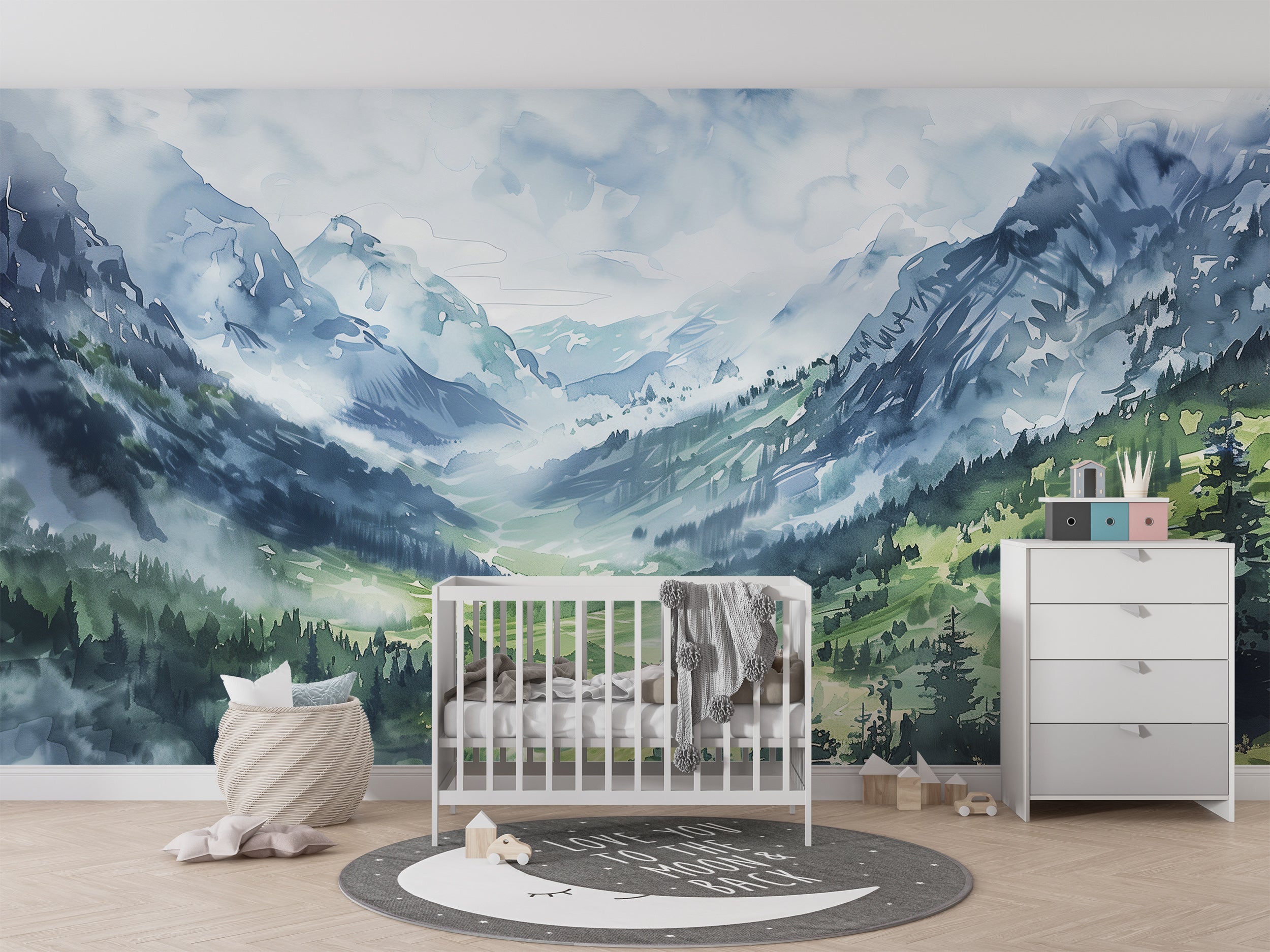 Green and blue mountain valley mural for nursery decor
Cloudy mountains wallpaper with watercolor accents