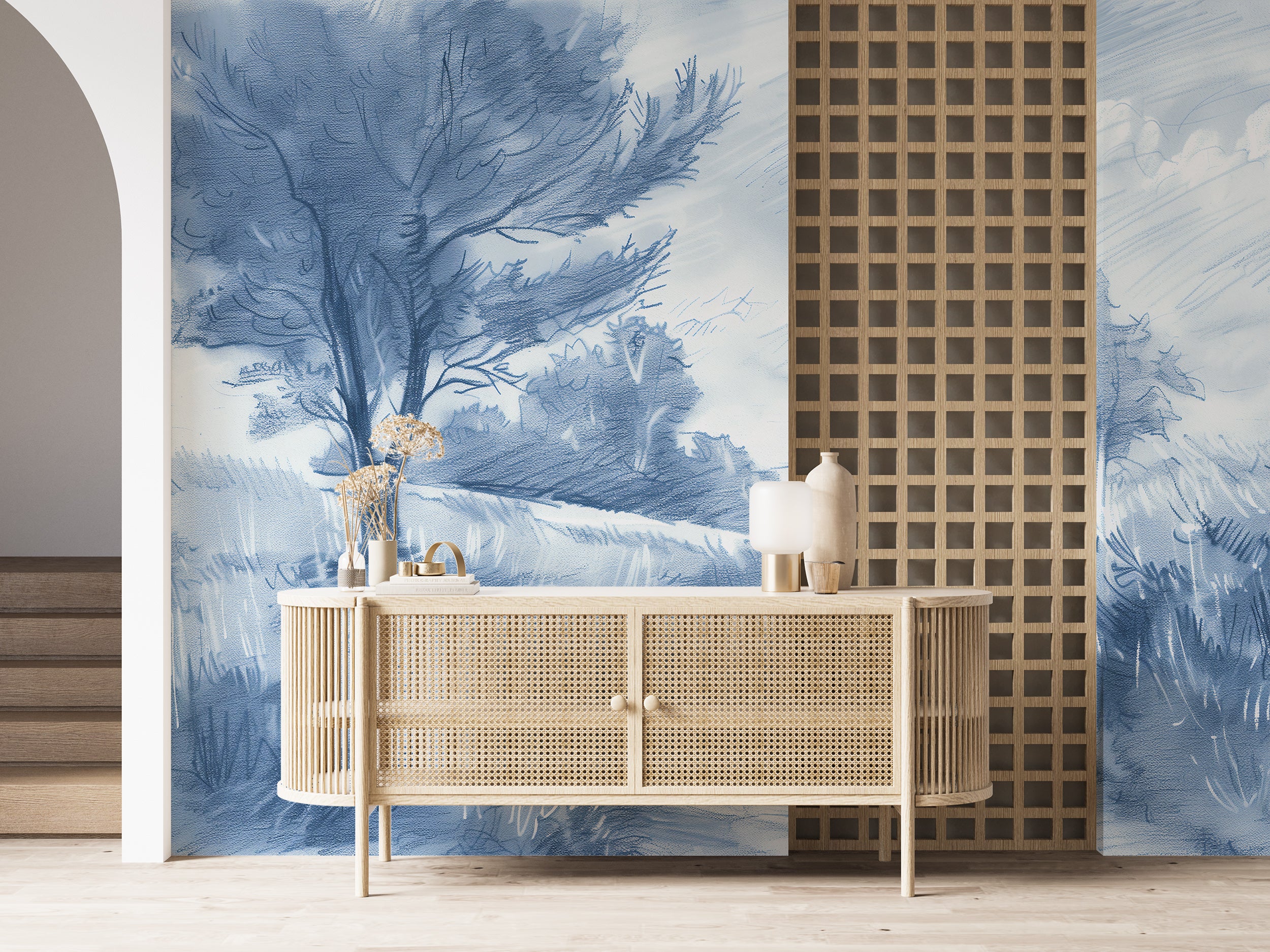 Blue Monochrome Field Mural, Toil De Jouy Landscape Wallpaper, Peel and Stick Road and Trees Classic French Wall Decor