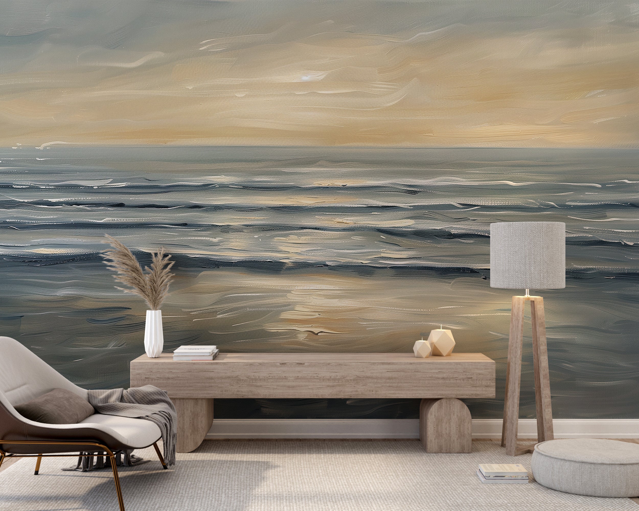 Calm Ocean Oil Painting Wall Mural, Peel and Stick Sea Sunset Wallpaper, Ocean Horizon Acccent Wall Decor