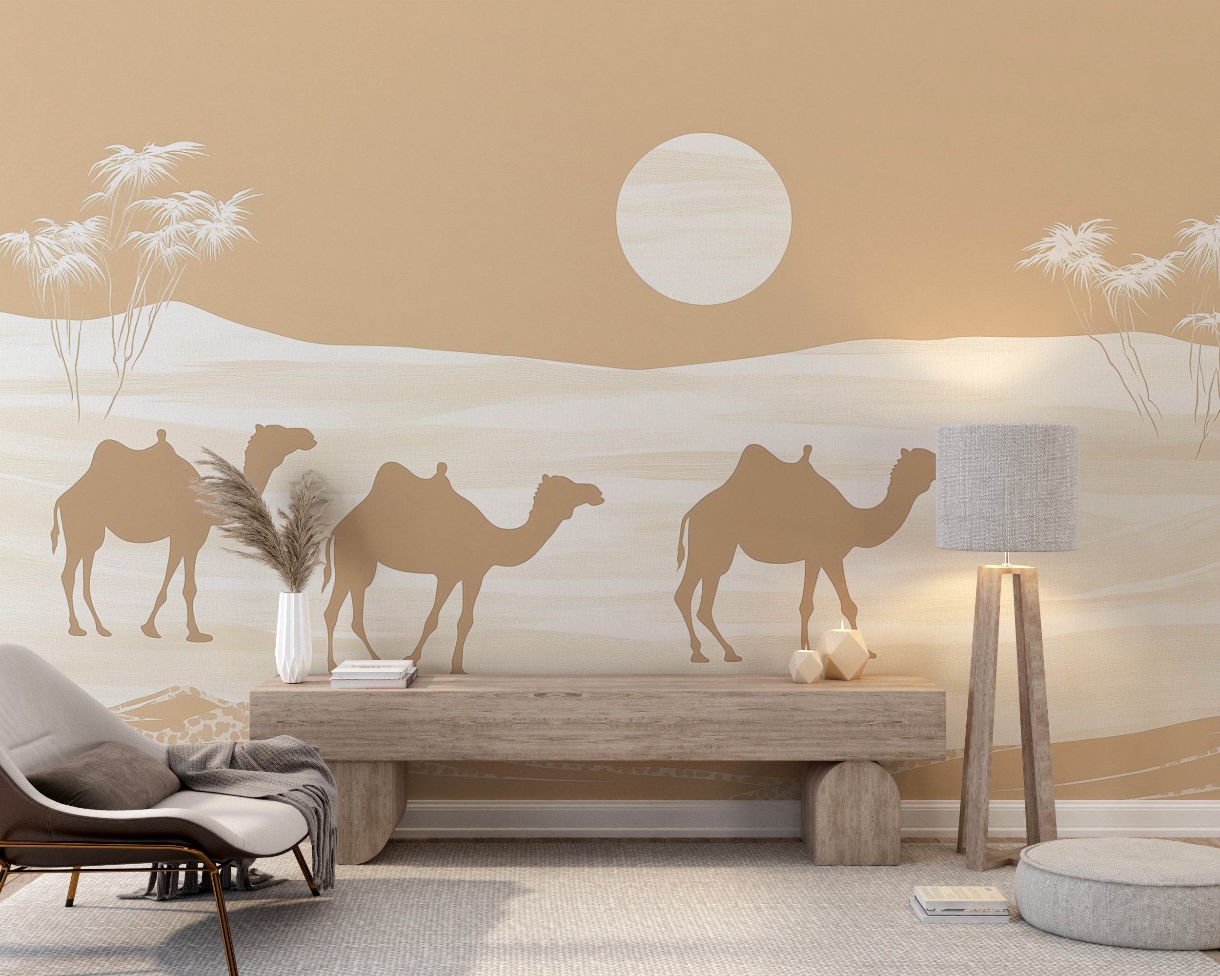 Minimalist Camels in Desert Wall Mural, Peel and Stick Beige and White Sand Dunes Landscape Wallpaper