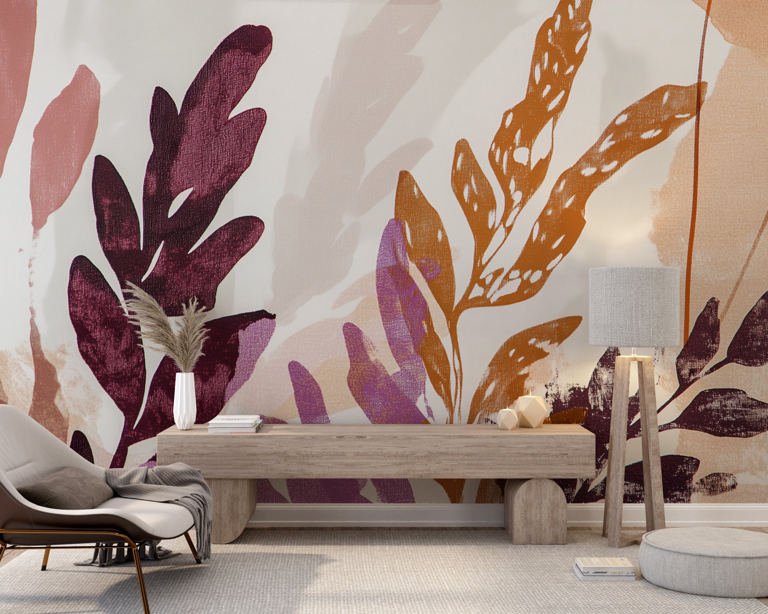 Abstract Boho Leaves Mural, Colorful Botanical Peel and Stick Wallpaper, Large Branches Removable Scandinavian Mural