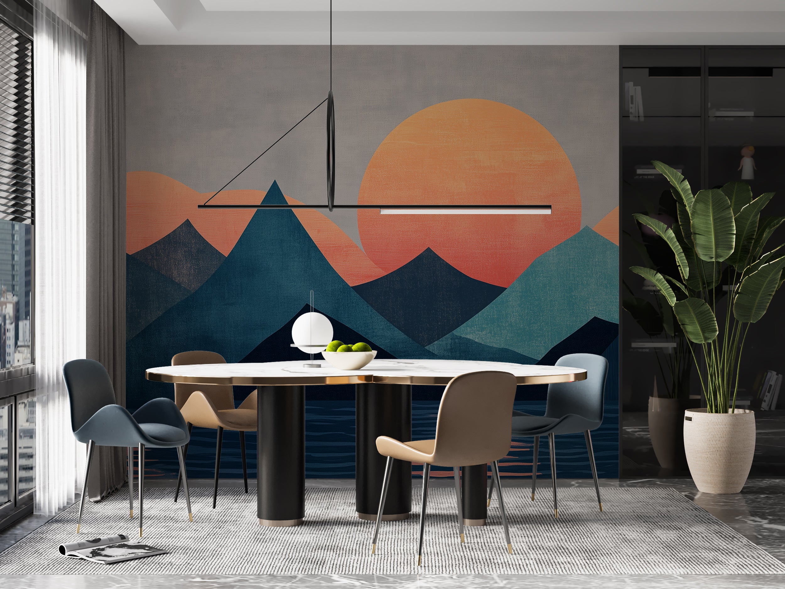 Sunset over mountains wall mural with blue and orange tones.
Abstract mountain landscape mural with a colorful sunset.