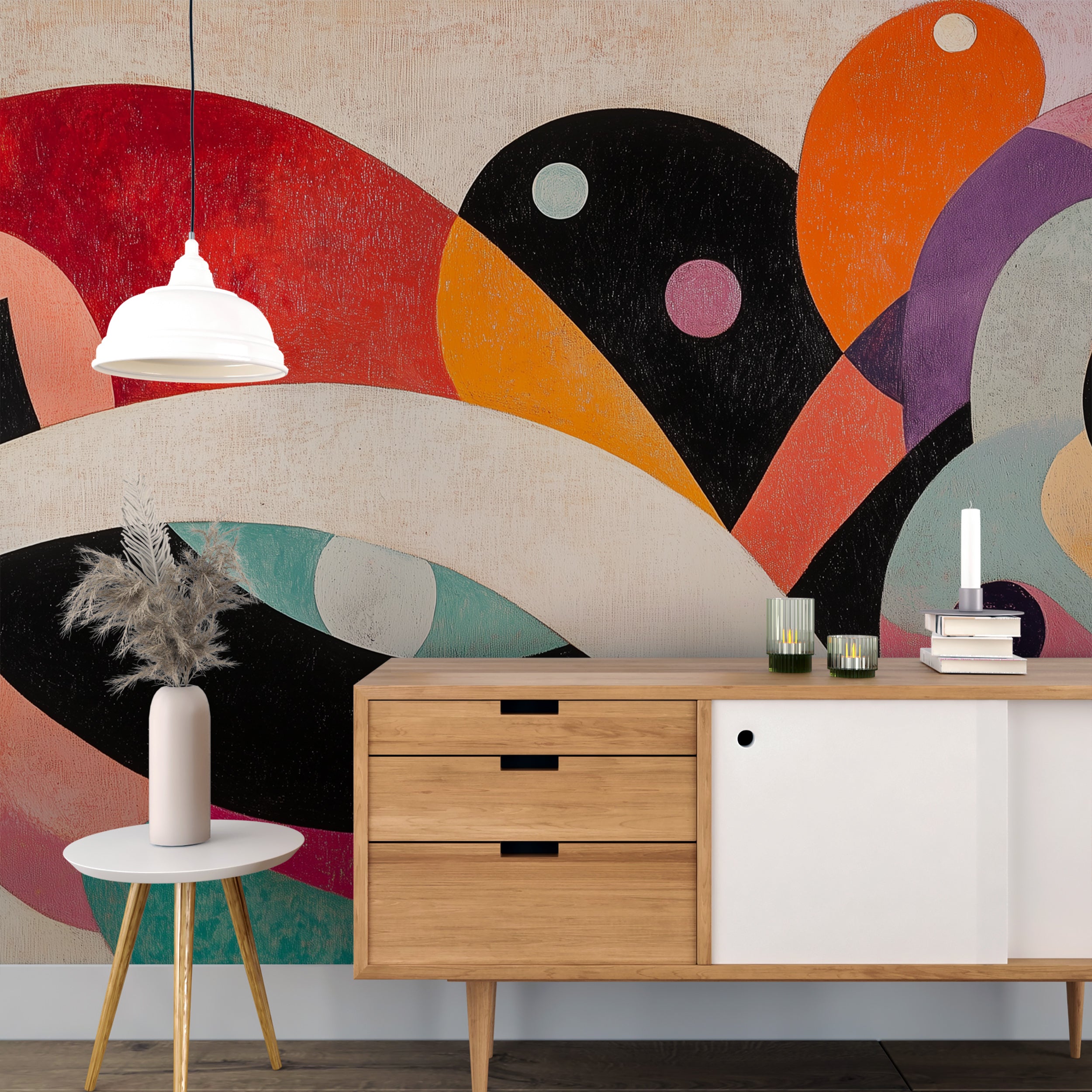 Abstract colorful mural with modern geometric shapes.
mid-century peel-and-stick wallpaper in bold colors.