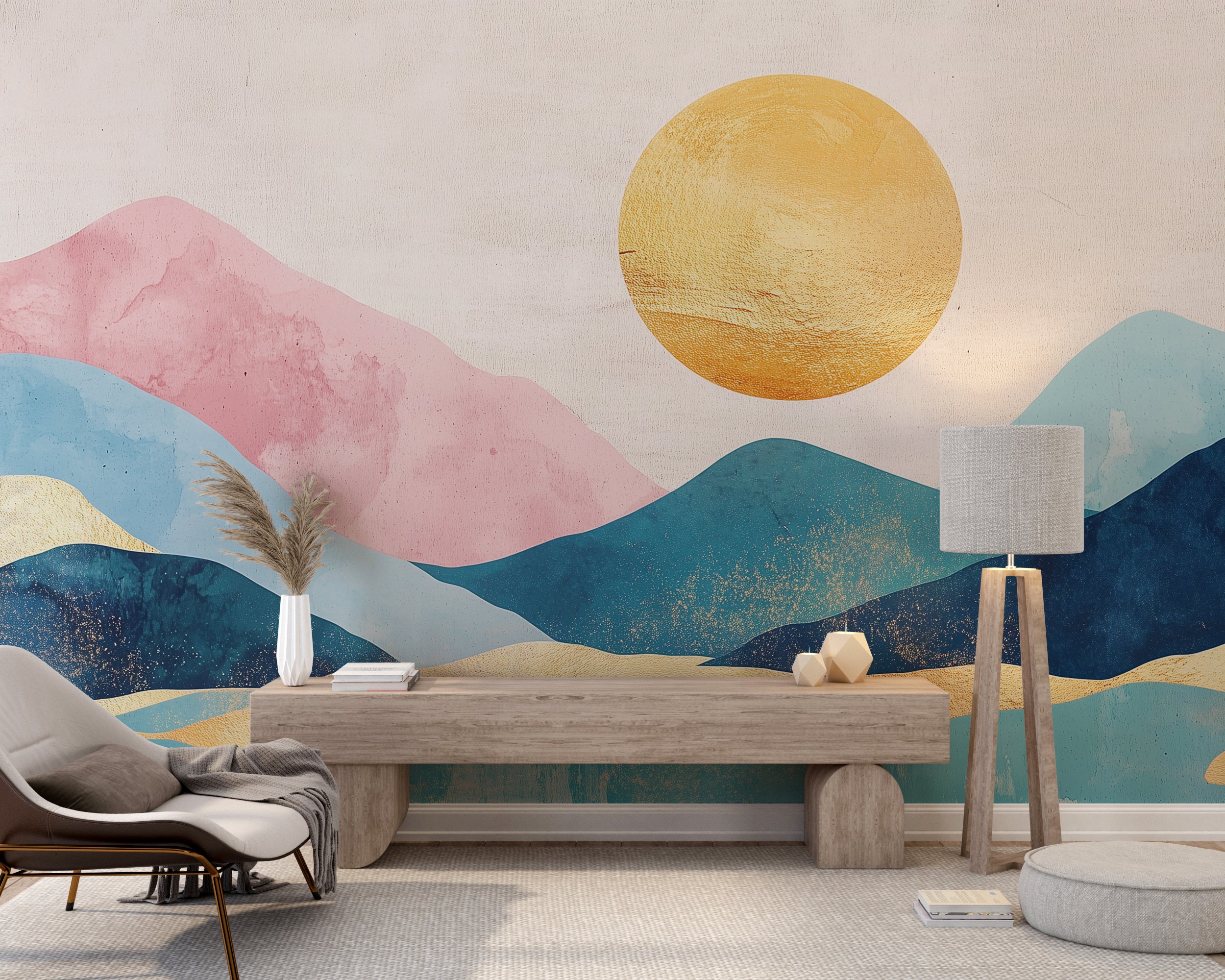 Abstract mountains and sun mural in pastel colors.
Art-deco landscape wallpaper with blue, pink, and gold.