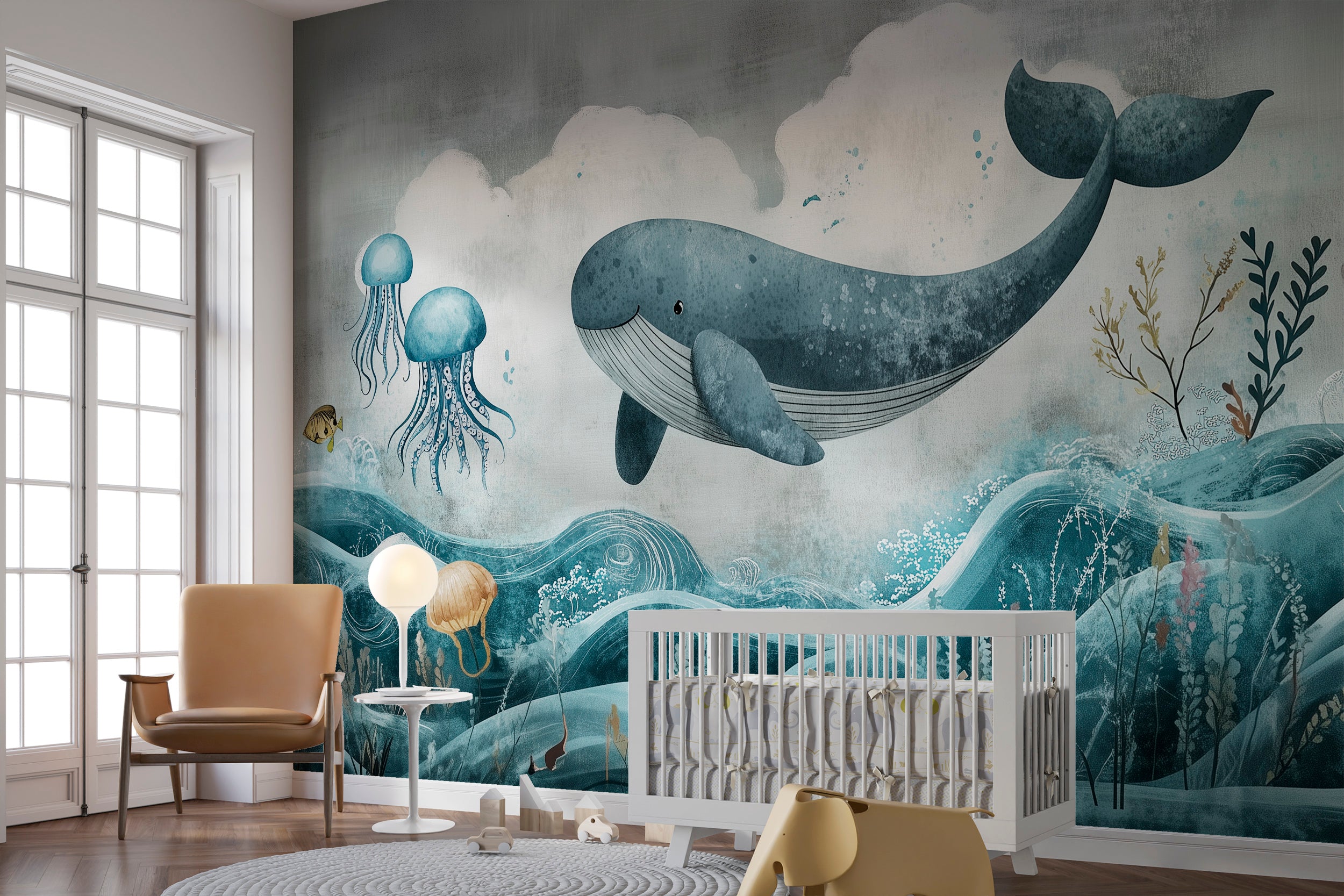 Nursery Underwater Life Mural, Whale and Jellyfish Kids Wallpaper, Peel and Stick Blue Abstract Ocean Wall Mural