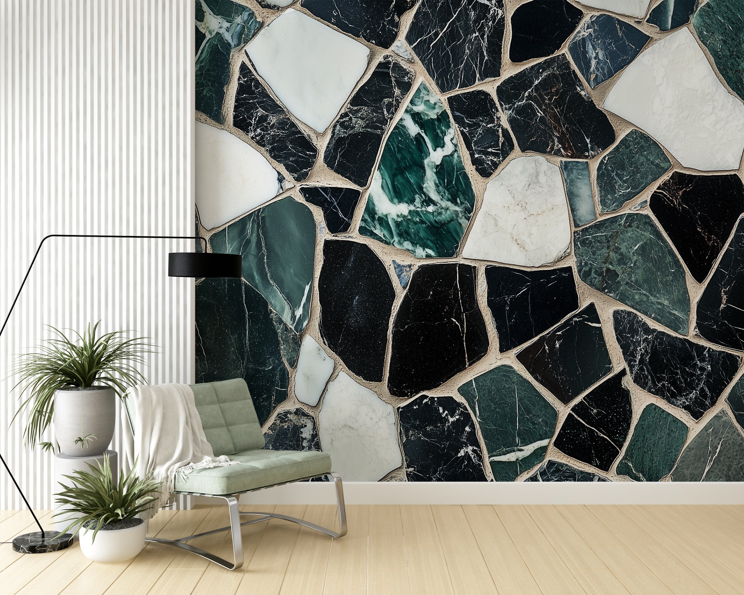 Green Black and White Marble Tiles Mural, Accent Wall Luxury Stone Mosaic Wallpaper, Peel and Stick Bathroom Marble Art