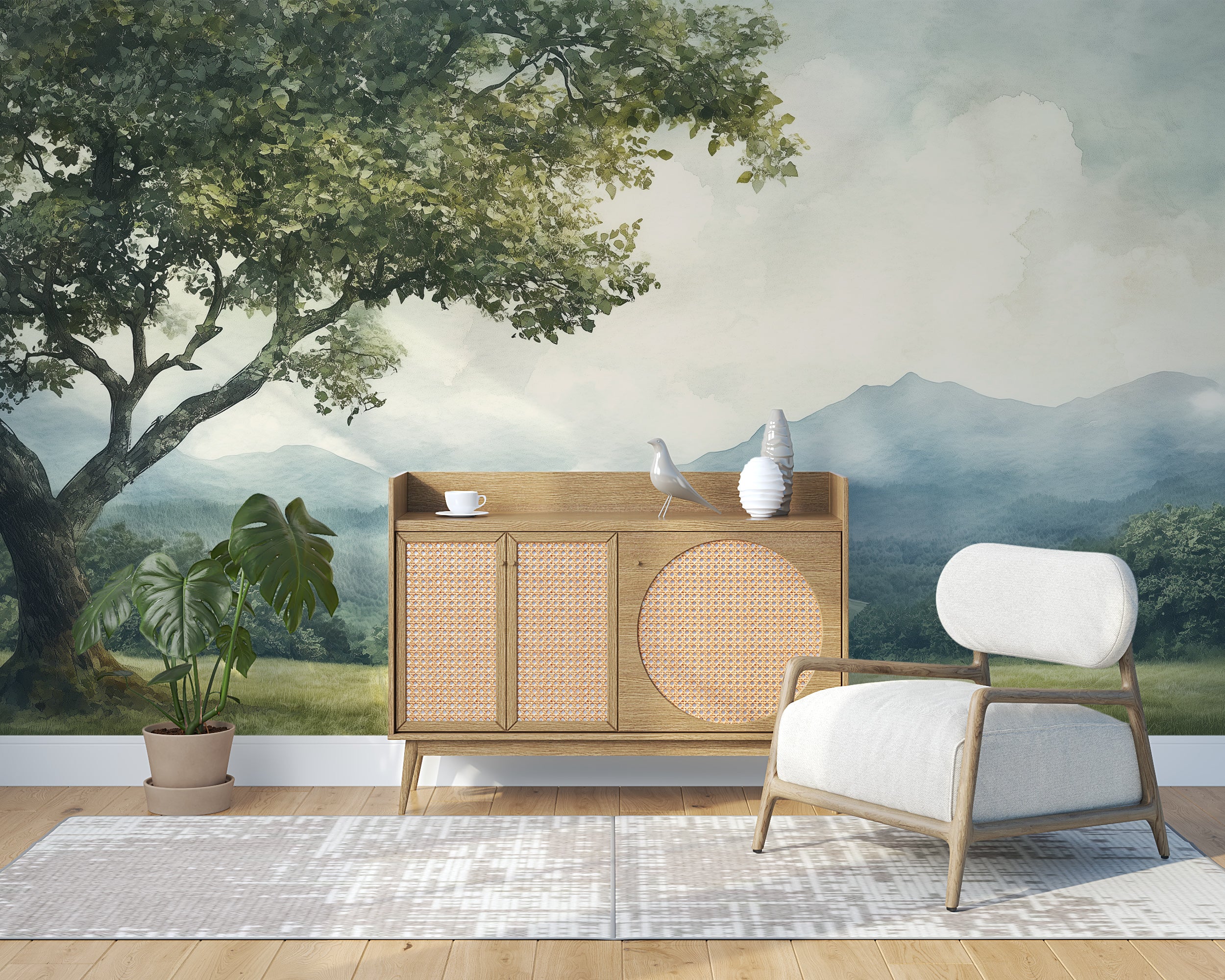 Cloudy scenic wall mural with a green mountain valley.
Vintage mountain valley landscape wallpaper.