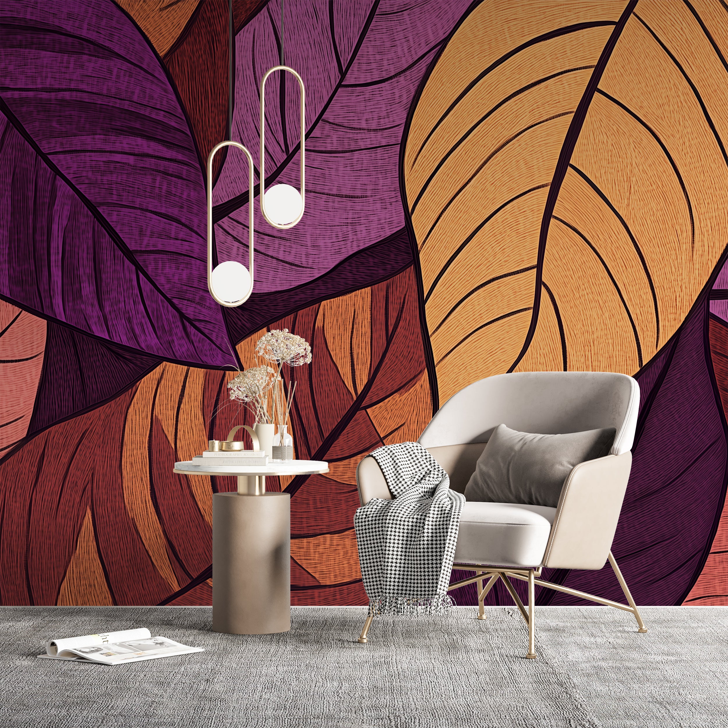 Large-scale colourful tree leaves mural.
Purple and yellow botanical wallpaper for accent walls.