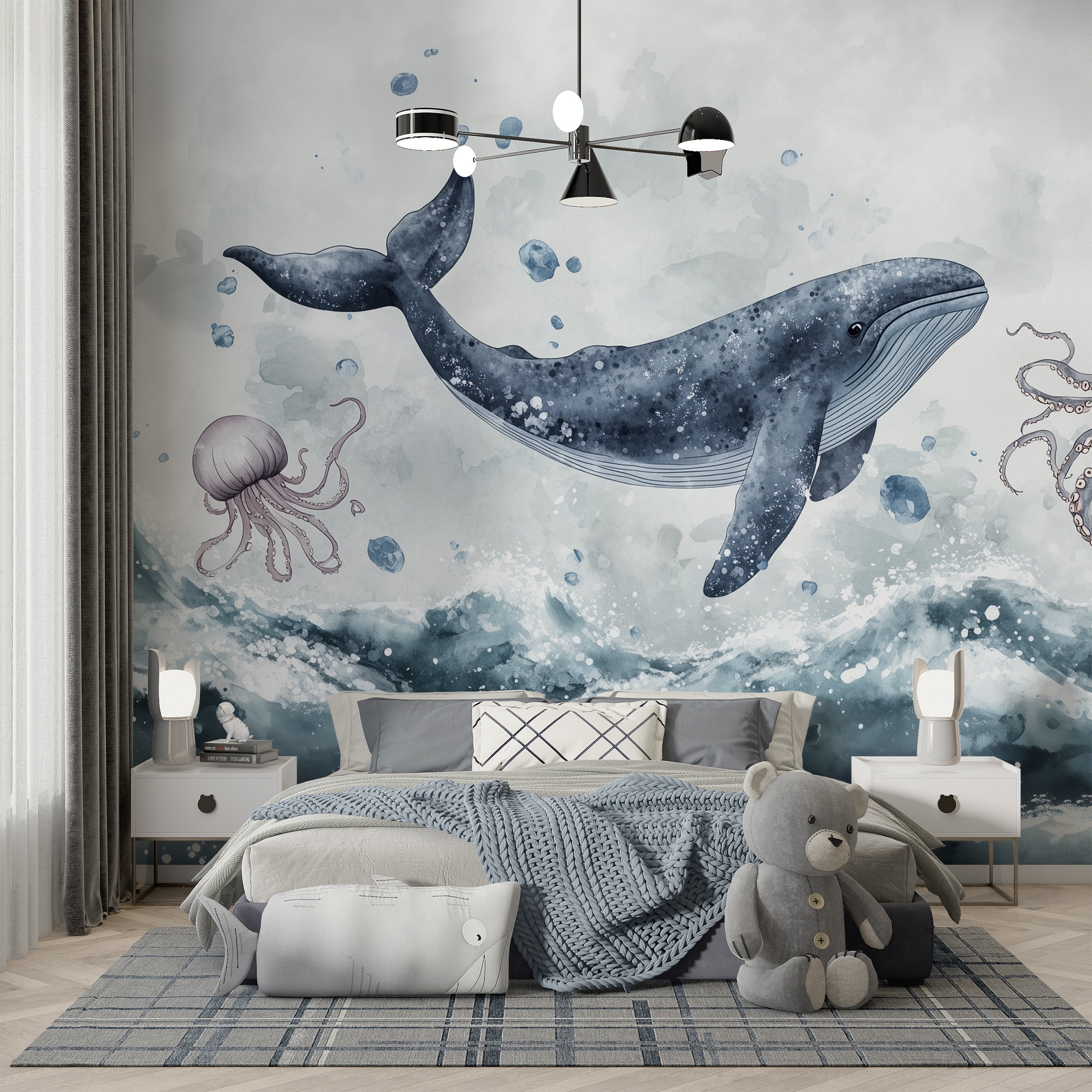 Watercolor Nursery Ocean Animals Wallpaper, Whale Wall Mural, Peel and Stick Abstract Underwater Life Wall Decor