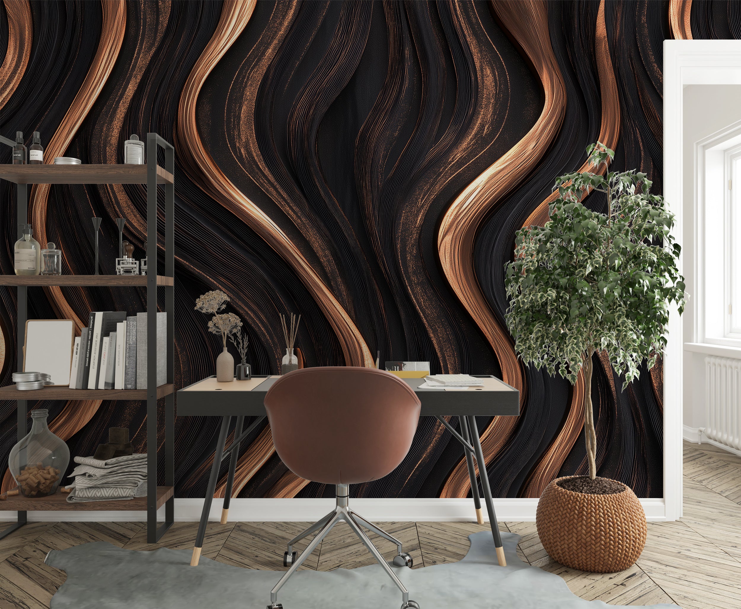 Dark abstract wooden waves mural in dark brown.
Wavy wood wallpaper with abstract design.