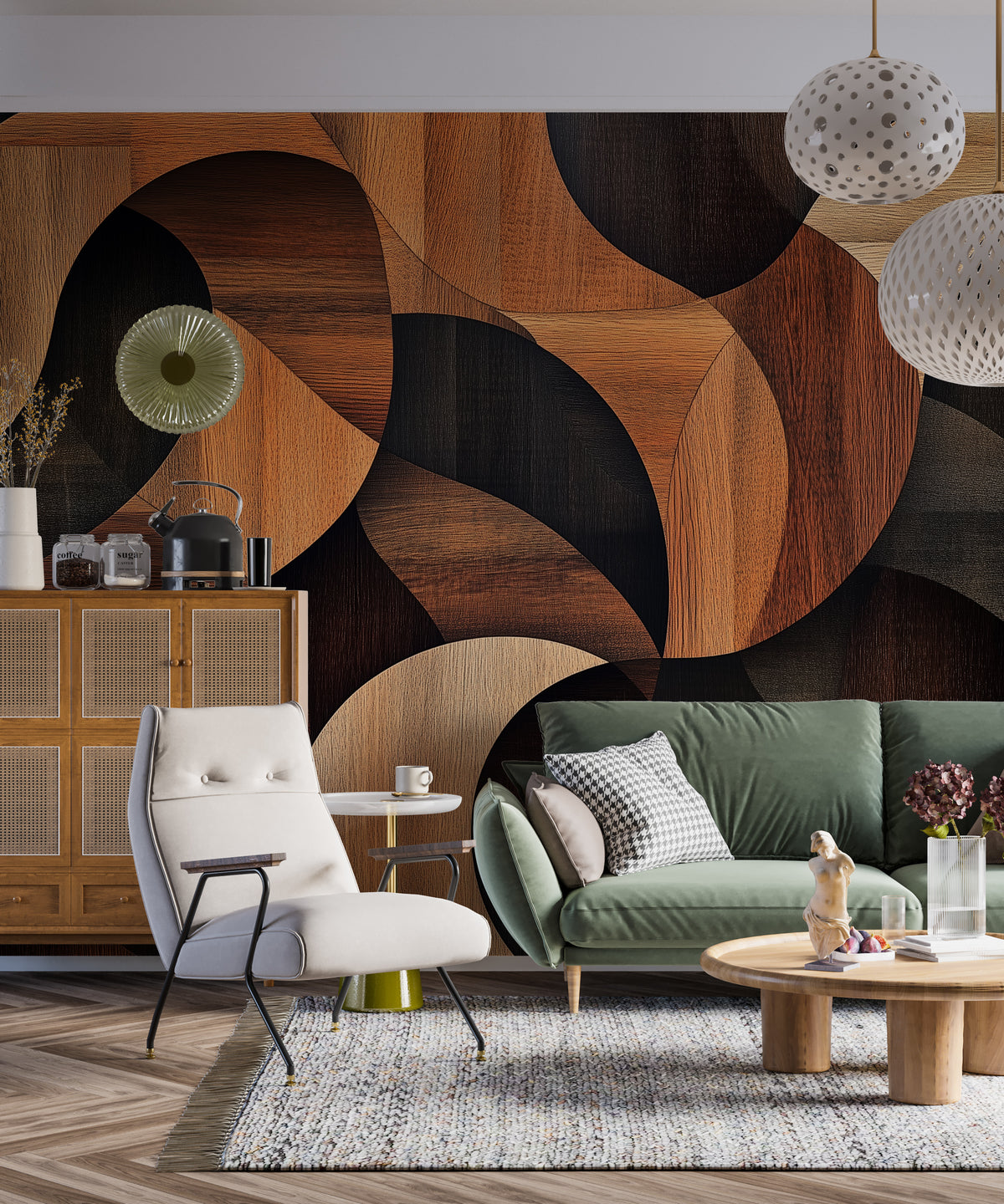Wooden Shapes Abstract Wallpaper - Geometric Walnut Wood Mural