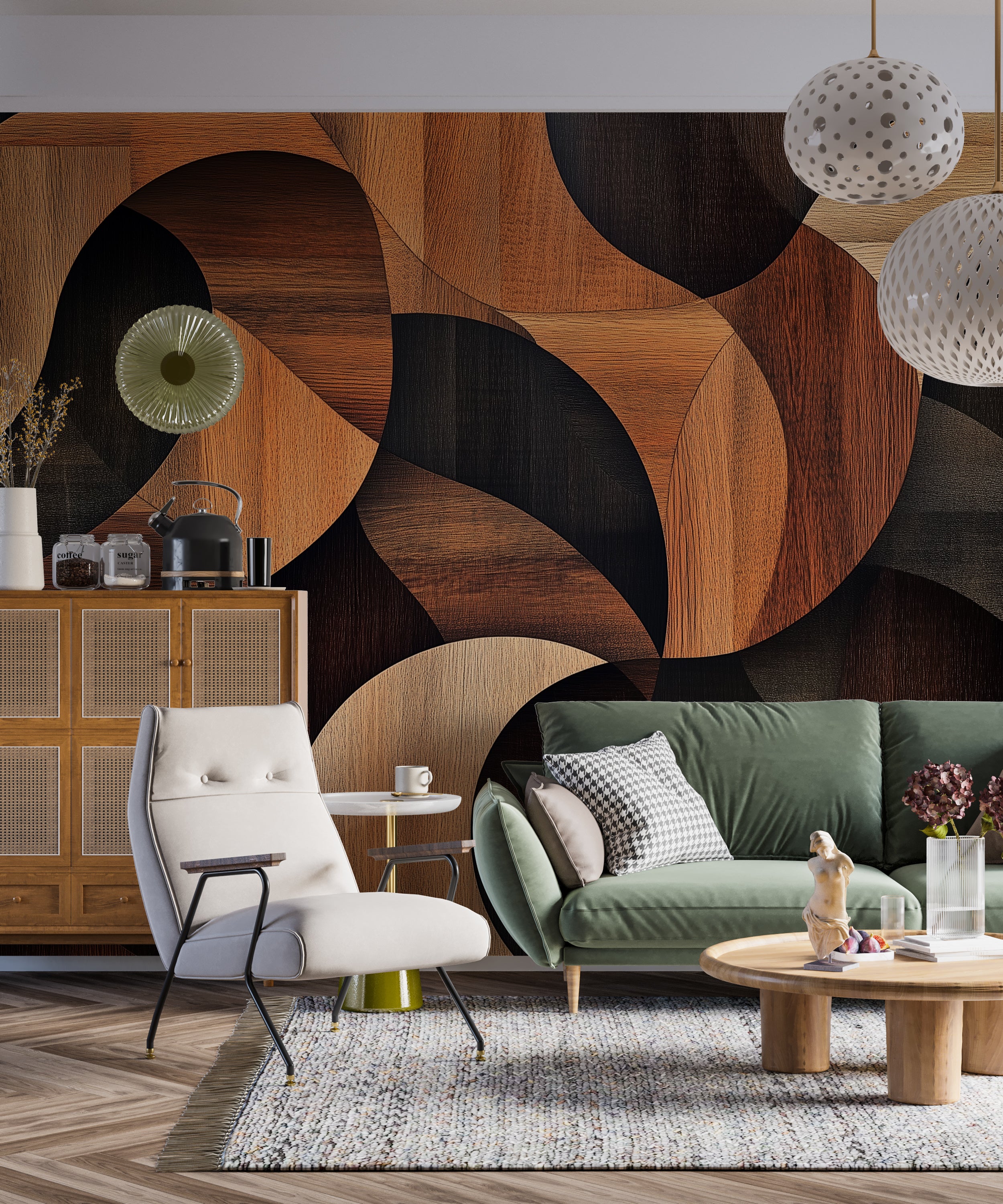 Wooden shapes abstract wallpaper with geometric patterns.
Peel-and-stick walnut wood mural with abstract design.