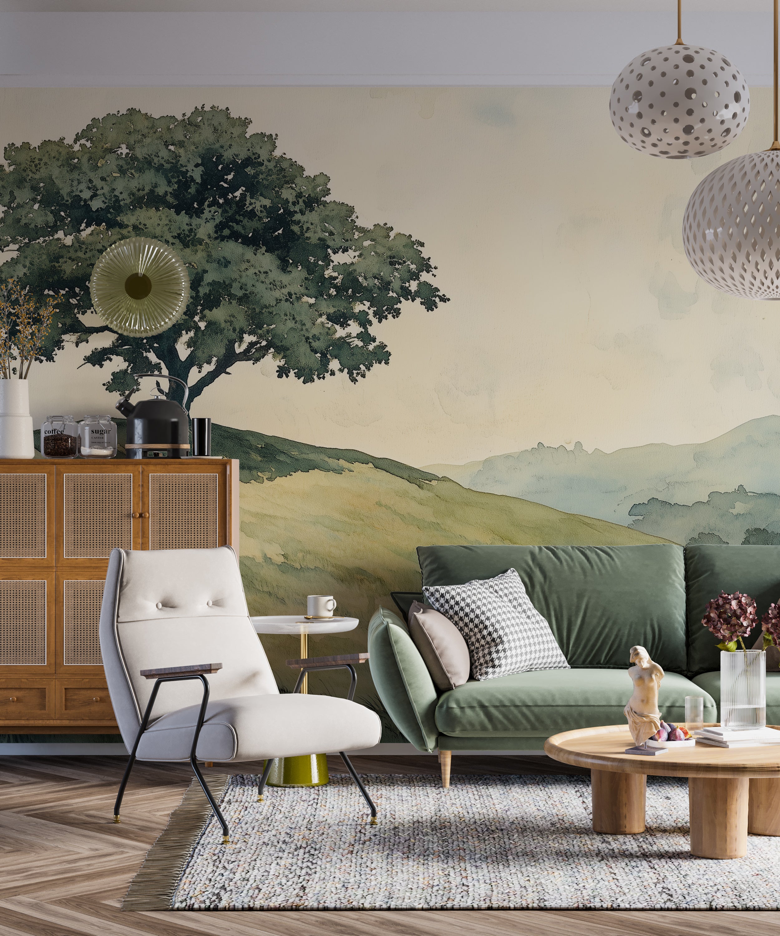 Lonely tree watercolor wall mural with green grass.
Peel-and-stick vintage landscape mural of a tree.