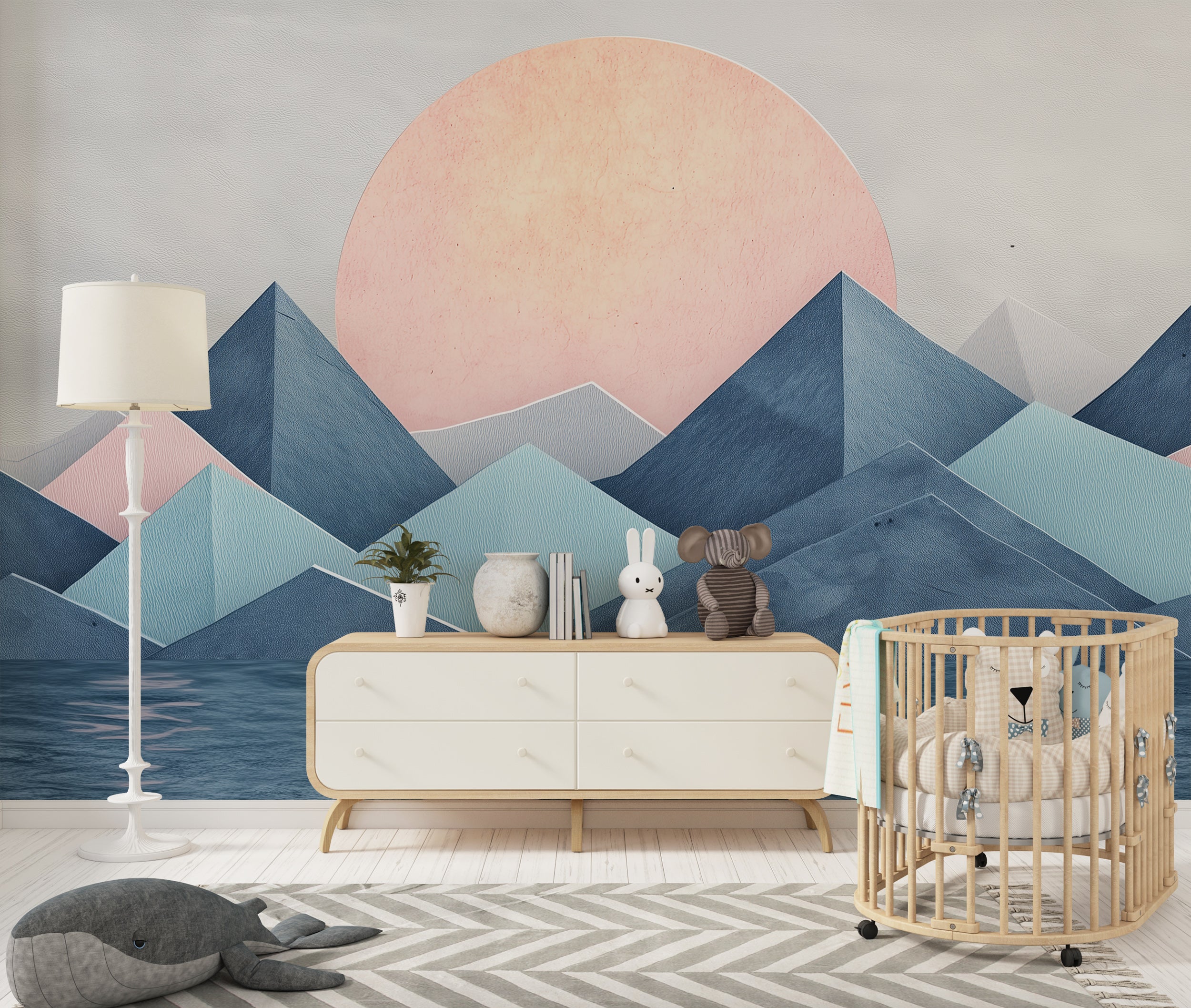 Abstract cubism-style blue mountains wall mural.
Peel-and-stick abstract mountain mural with geometric design.