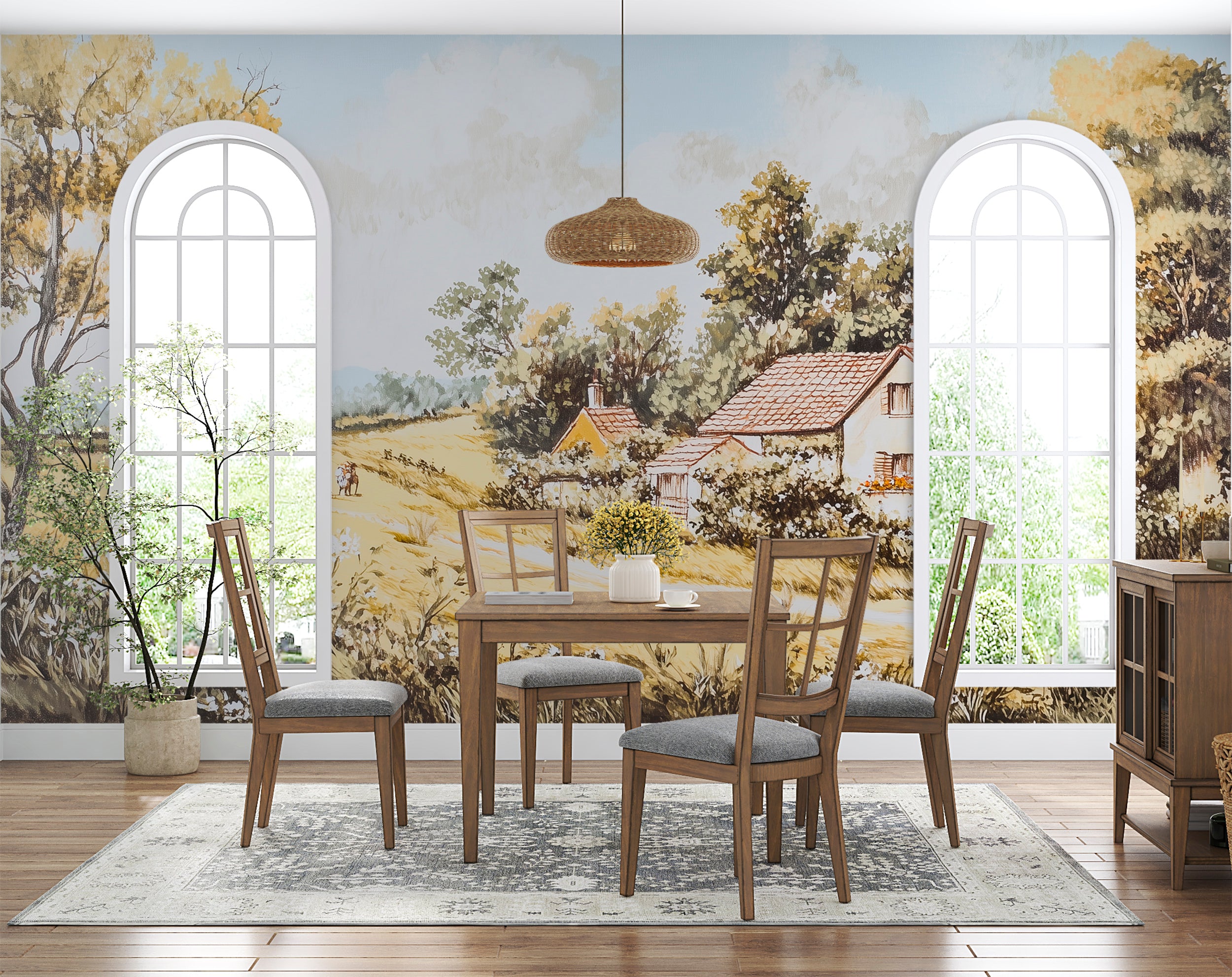 Peel-and-stick scenic house and tree mural in vintage style.
French countryside vintage wallpaper with oil painting design.